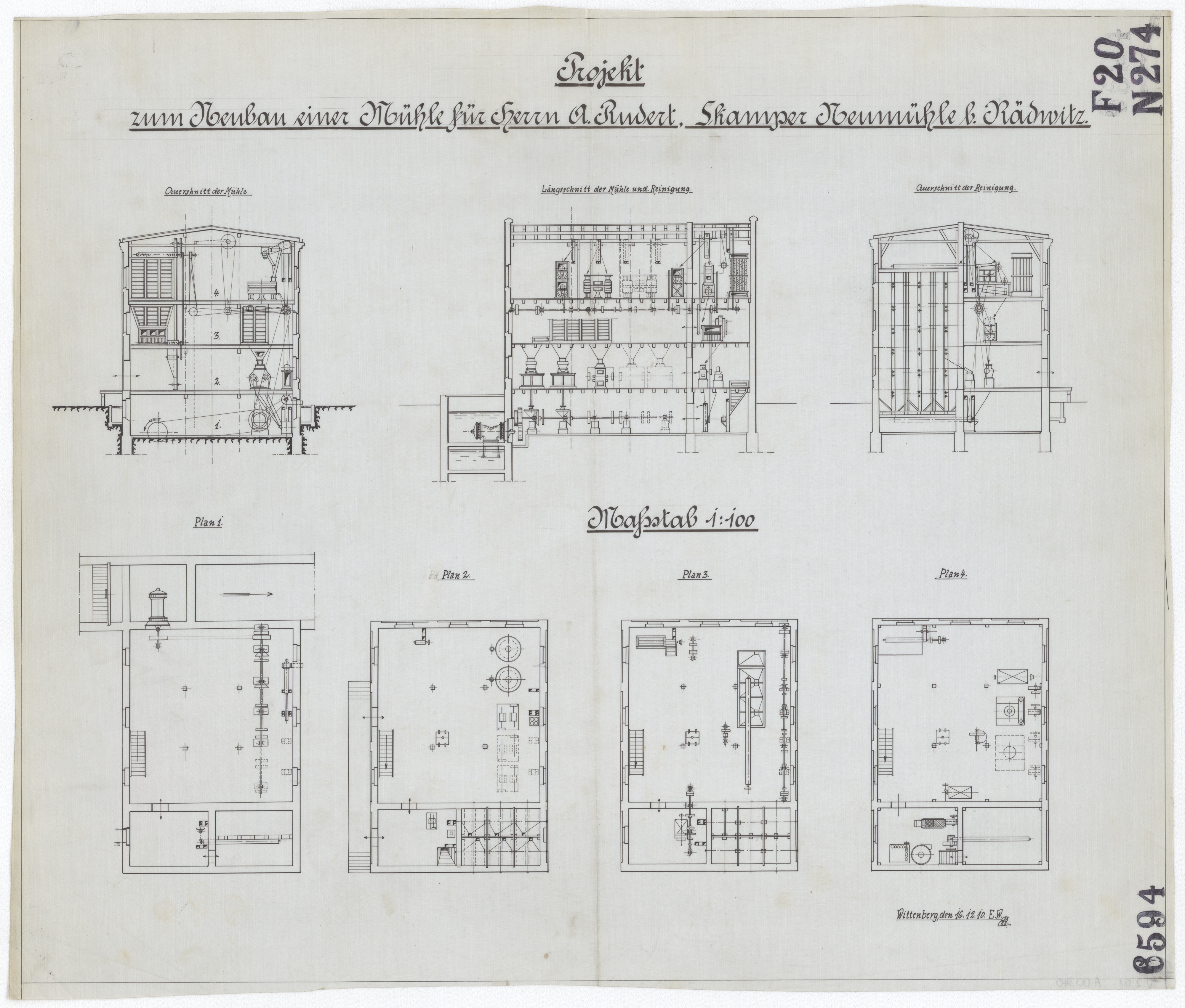 Technische Zeichnung : Projekt zum Neubau einer Mühle für Herrn A. Rudert, Skamper Neumühle bei Rädwitz (Stiftung Deutsches Technikmuseum Berlin CC BY-SA)