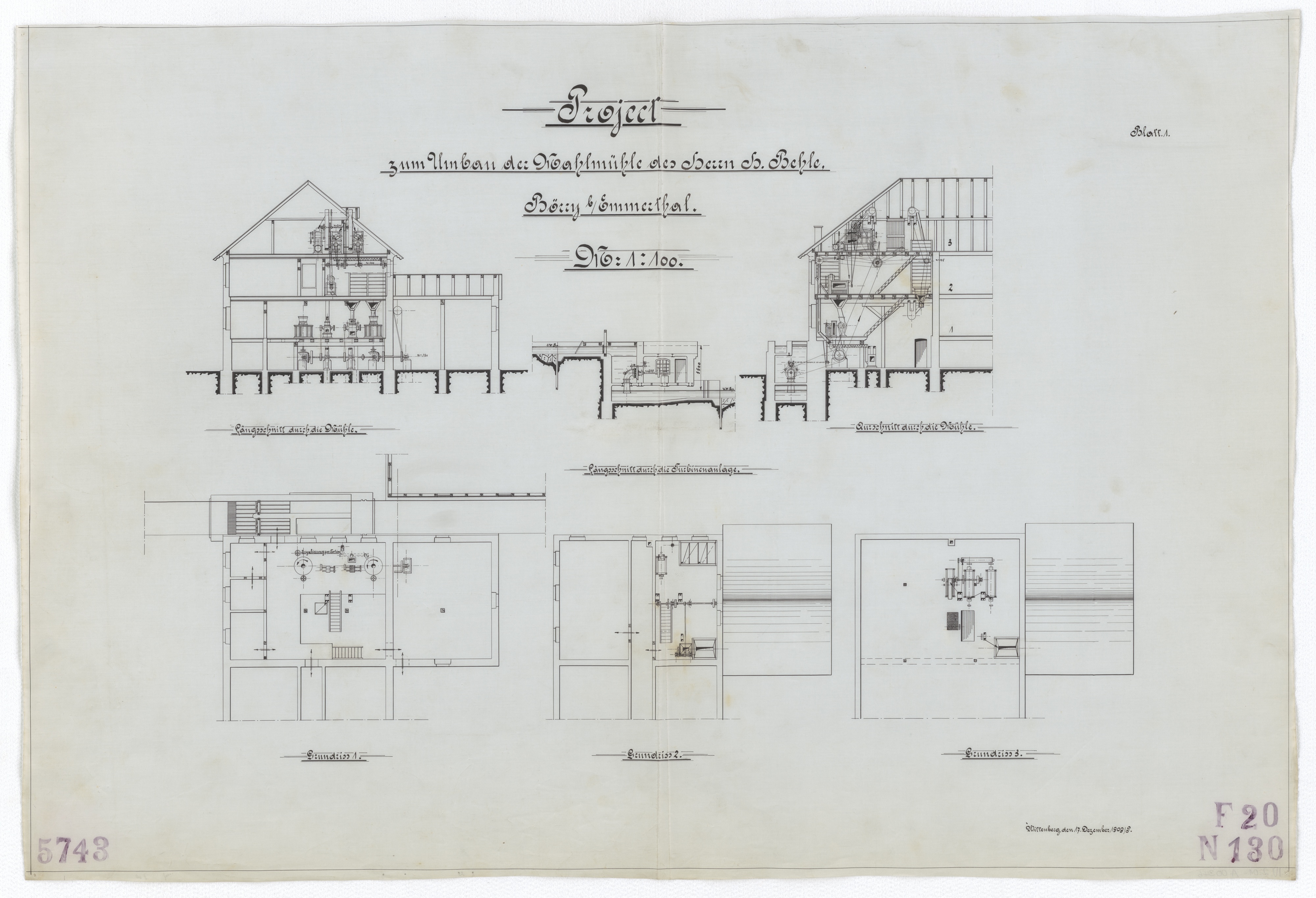 Technische Zeichnung : Projekt zum Umbau der Mahlmühle des Herrn H. Behle, Börry bei Emmerthal (Stiftung Deutsches Technikmuseum Berlin CC BY-SA)