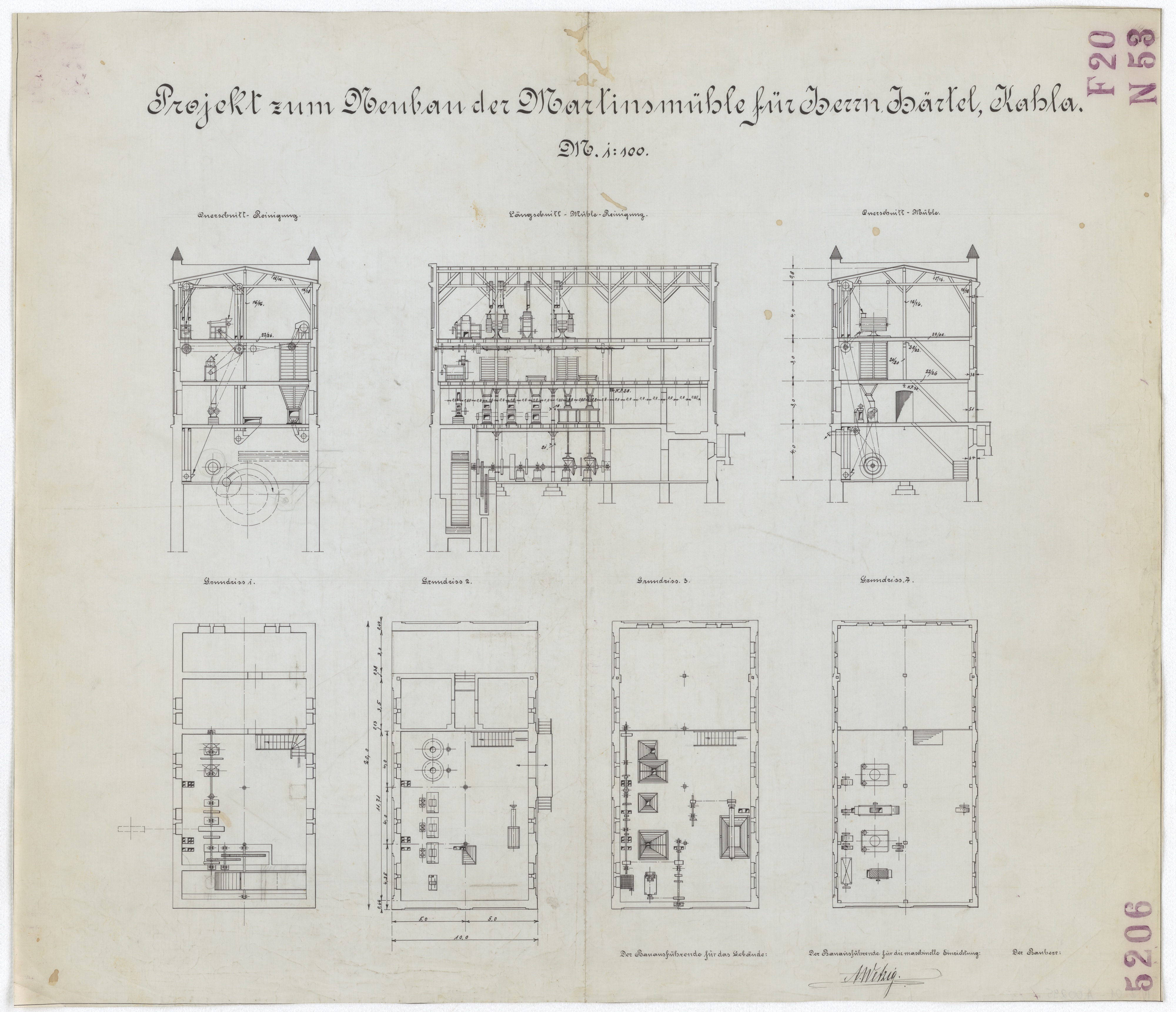 Technische Zeichnung : Projekt zum Neubau der Martinsmühle für Herrn Härtel, Kahla (Stiftung Deutsches Technikmuseum Berlin CC BY-SA)