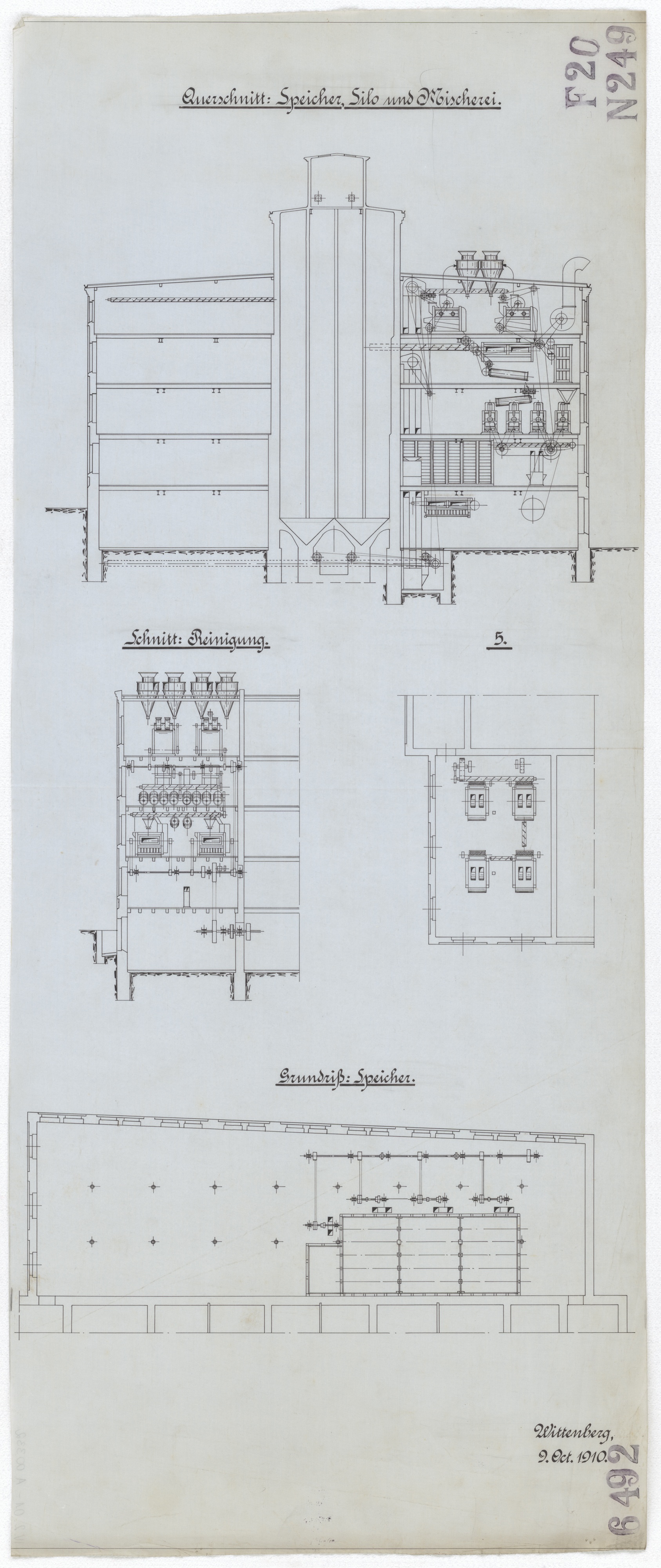 Technische Zeichnung : [Projekt zur neuen Roggenmühle für die Herren Gebrüder Brummer in Posen] (Stiftung Deutsches Technikmuseum Berlin CC BY-SA)
