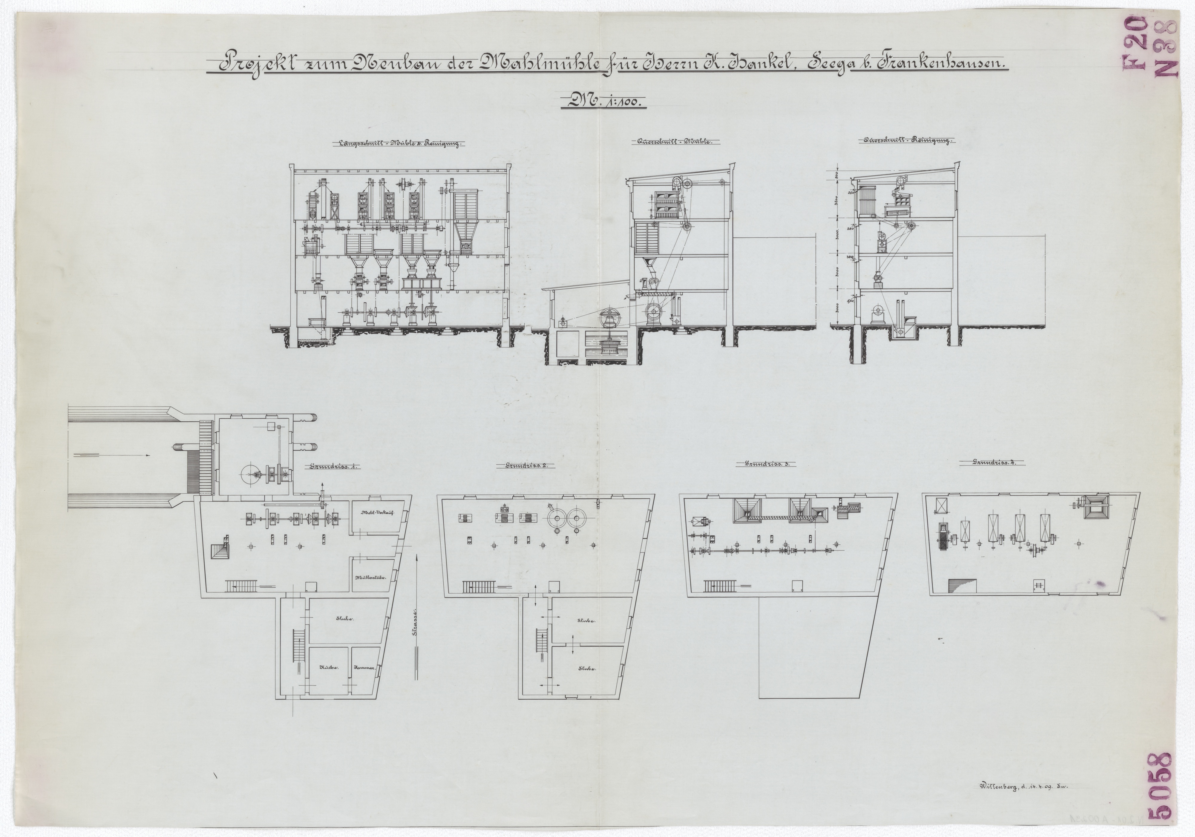 Technische Zeichnung : Projekt zum Neubau der Mahlmühle für Herrn K. Hankel, Seega bei Frankenhausen (Stiftung Deutsches Technikmuseum Berlin CC BY-SA)