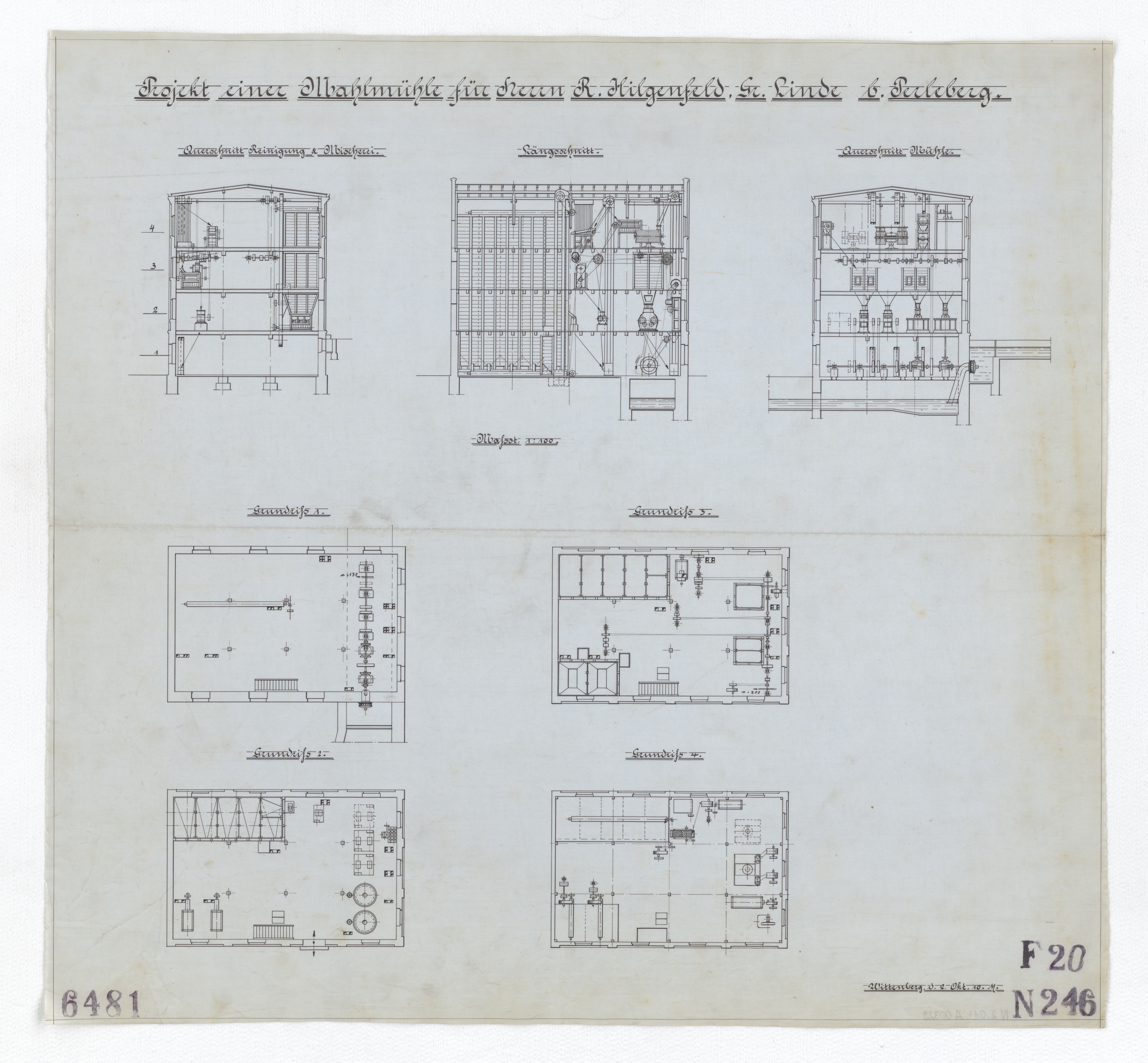 Technische Zeichnung : Projekt einer Mahlmühle für Herrn R. Hilgenfeld, Groß Linde bei Perleberg (Stiftung Deutsches Technikmuseum Berlin CC BY-SA)