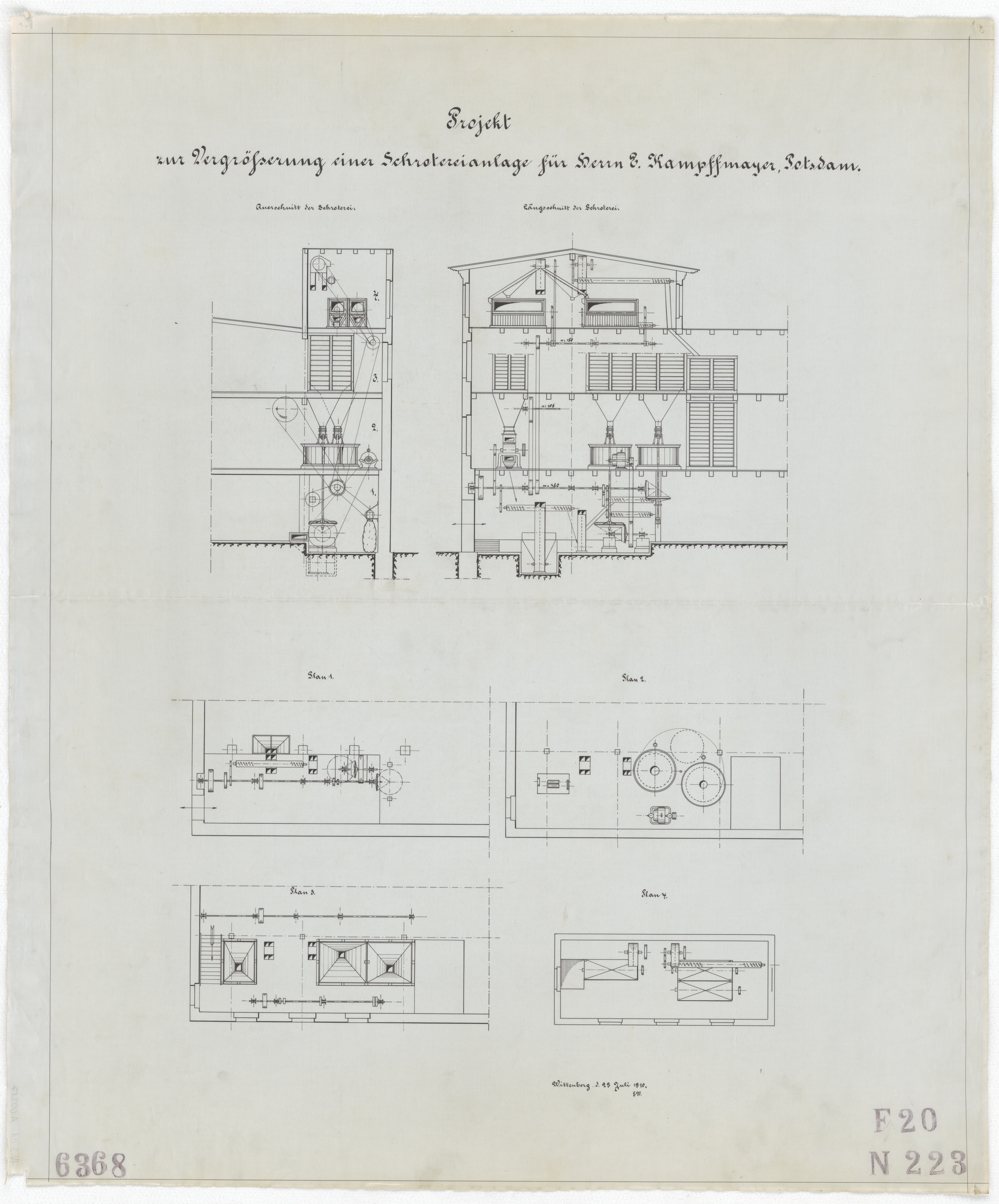 Technische Zeichnung : Projekt zur Vergrößerung einer Schrotanlage für Herrn E. Kampfmayer, Potsdam (Stiftung Deutsches Technikmuseum Berlin CC BY-SA)