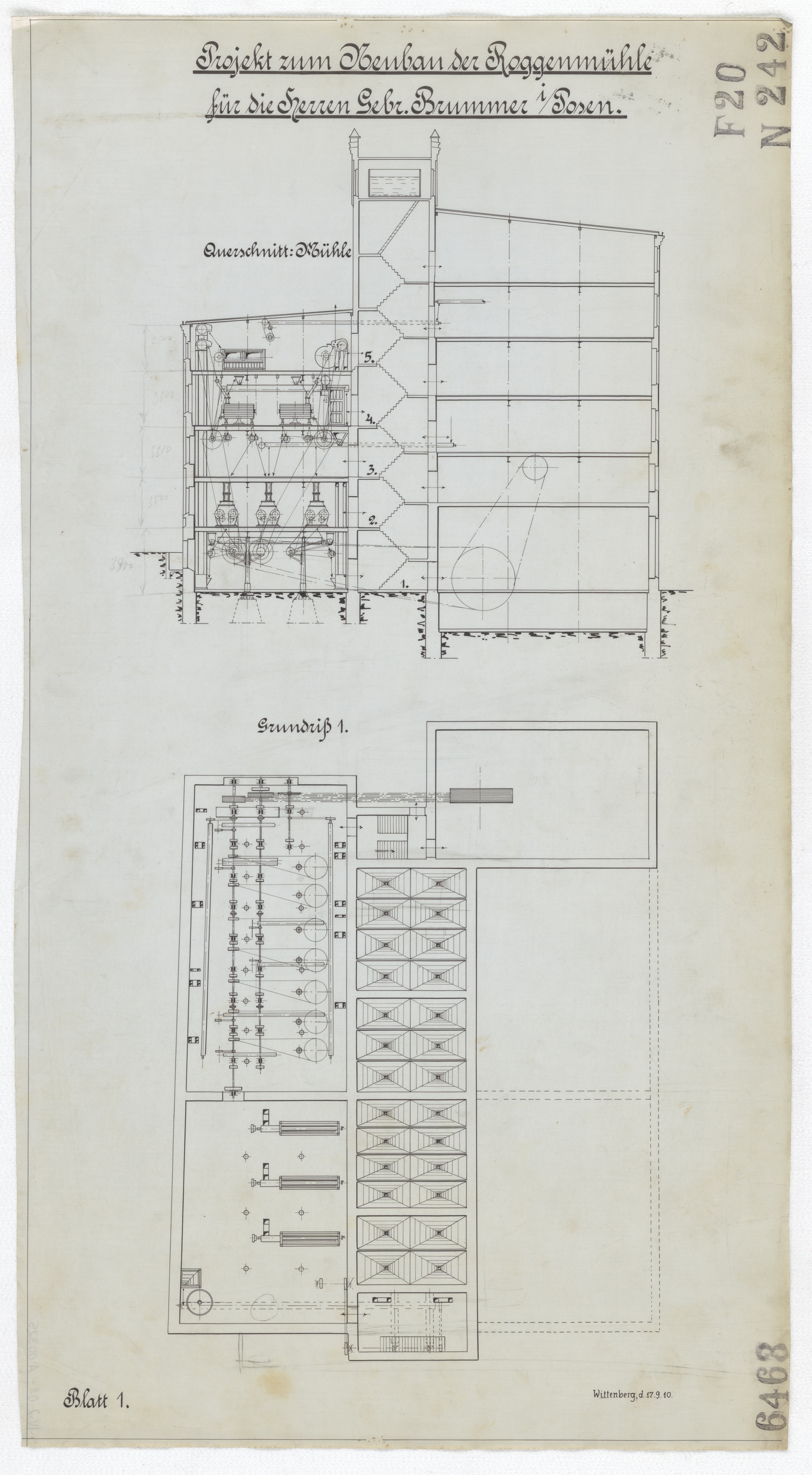 Technische Zeichnung : Projekt zum Neubau der Roggenmühle für die Herren Gebrüder Brummer in Posen (Stiftung Deutsches Technikmuseum Berlin CC BY-SA)