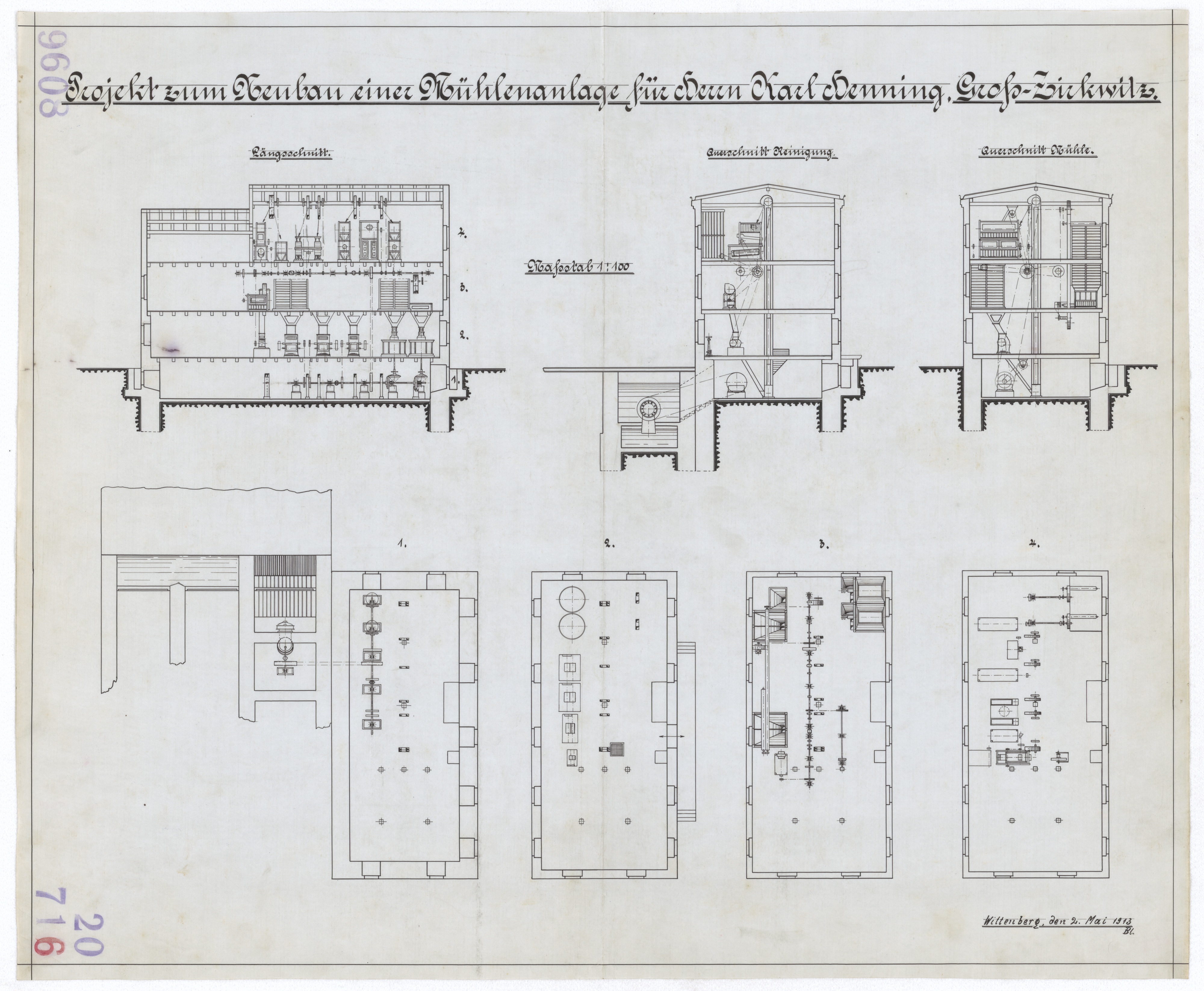 Technische Zeichnung : Projekt zum Neubau einer Mühlenanlage für Herrn Karl Henning, Groß Zirkwitz (Stiftung Deutsches Technikmuseum Berlin CC BY-SA)