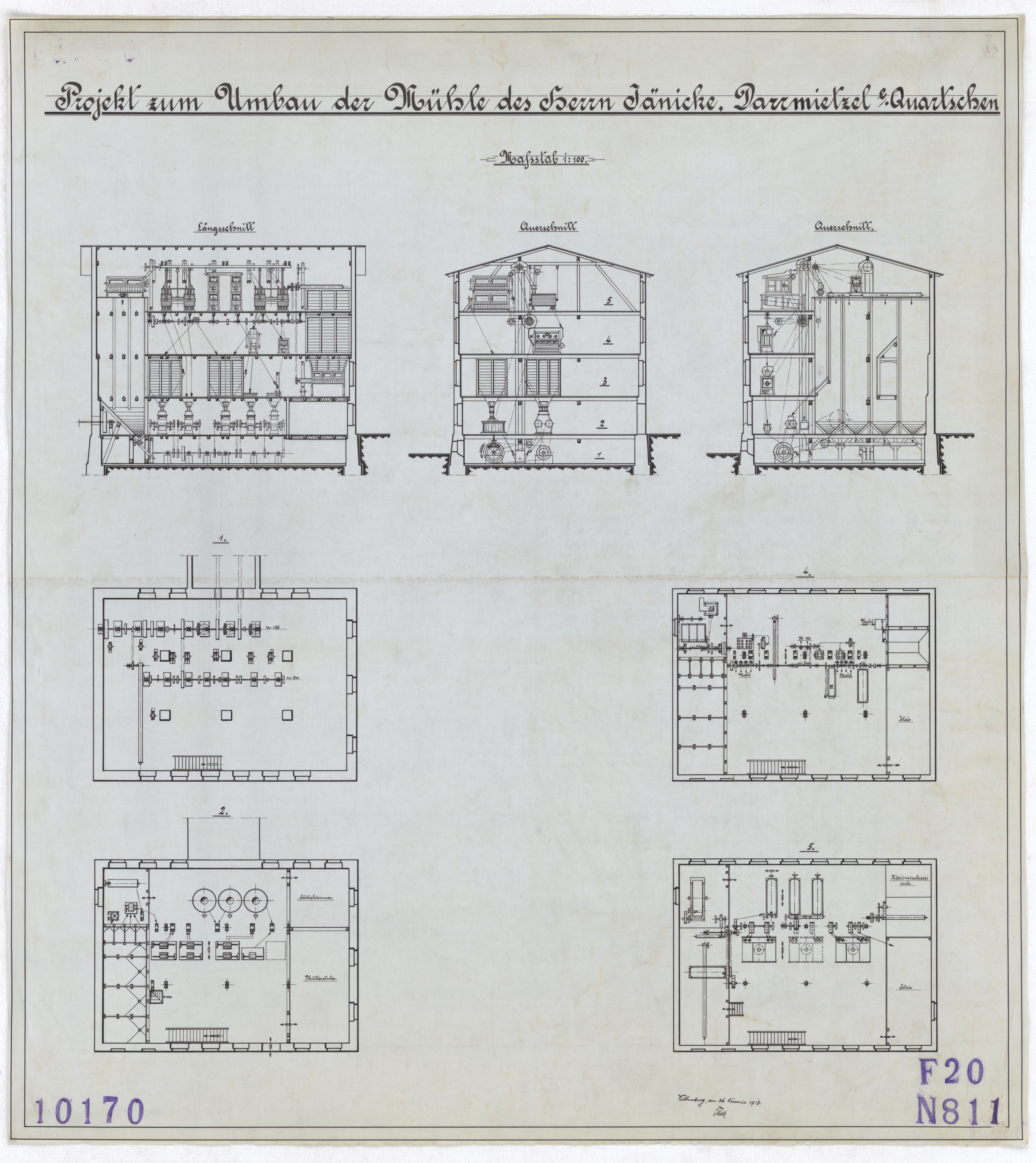 Technische Zeichnung : Projekt zum Umbau der Mühle des Herrn Jänicke, Darmitzel bei Quartschen (Stiftung Deutsches Technikmuseum Berlin CC BY-SA)