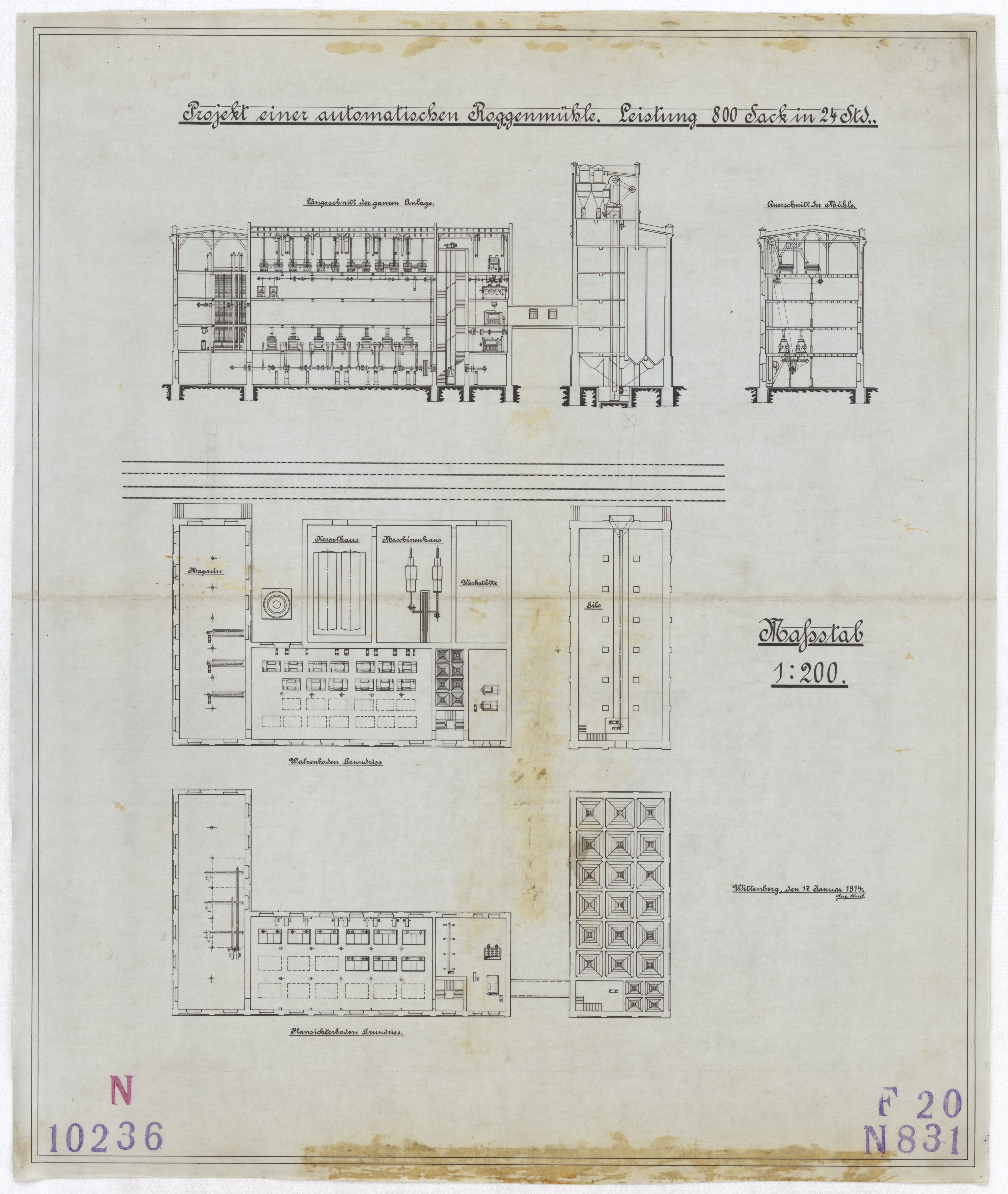 Technische Zeichnung : Projekt einer automatischen Roggenmühle, Leistung 800 Sack in 24 Stunden (Stiftung Deutsches Technikmuseum Berlin CC BY-SA)