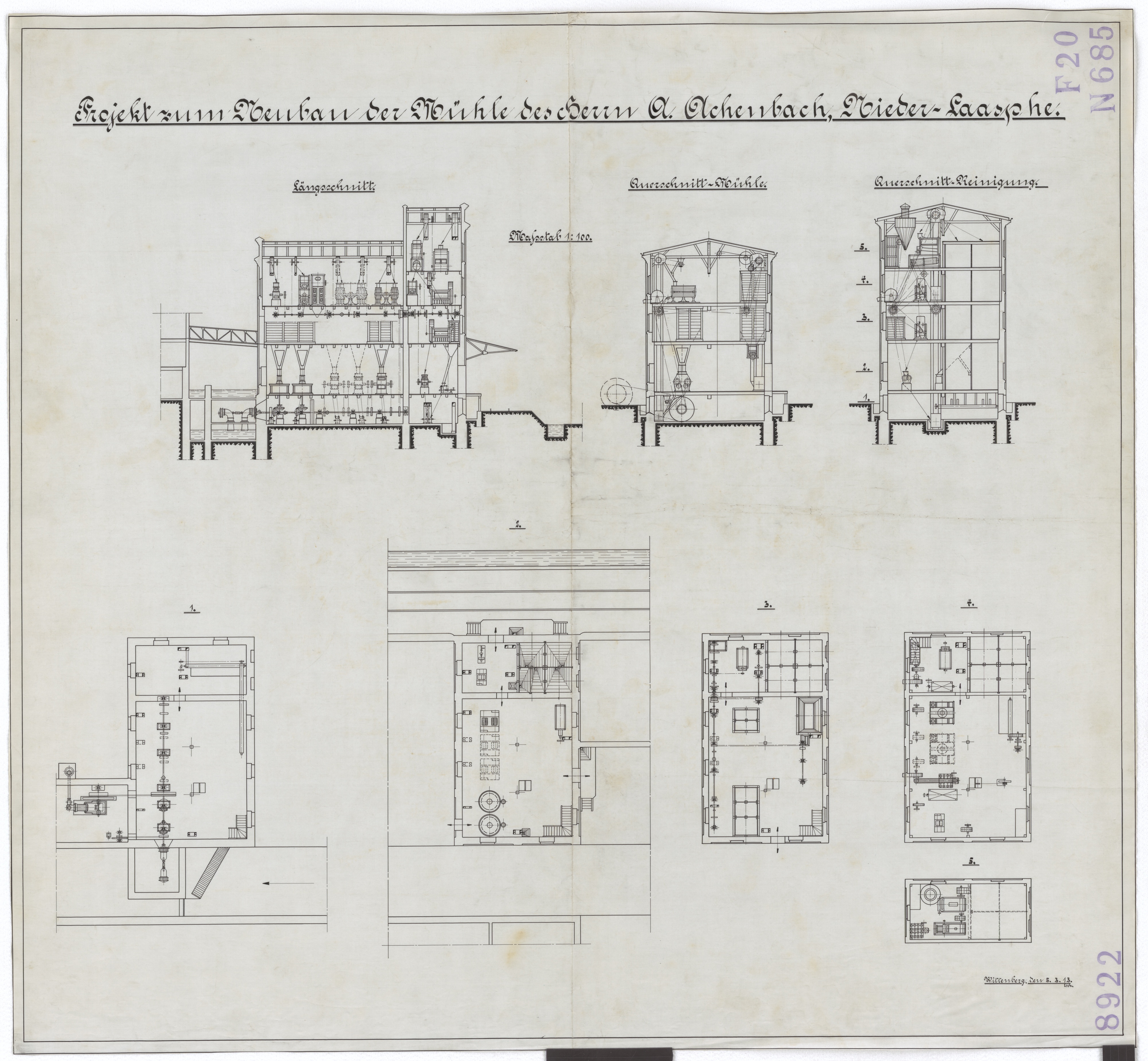 Technische Zeichnung : Projekt zum Neubau der Mühle des Herrn A. Achenbach, Niederlaasphe (Stiftung Deutsches Technikmuseum Berlin CC BY-SA)