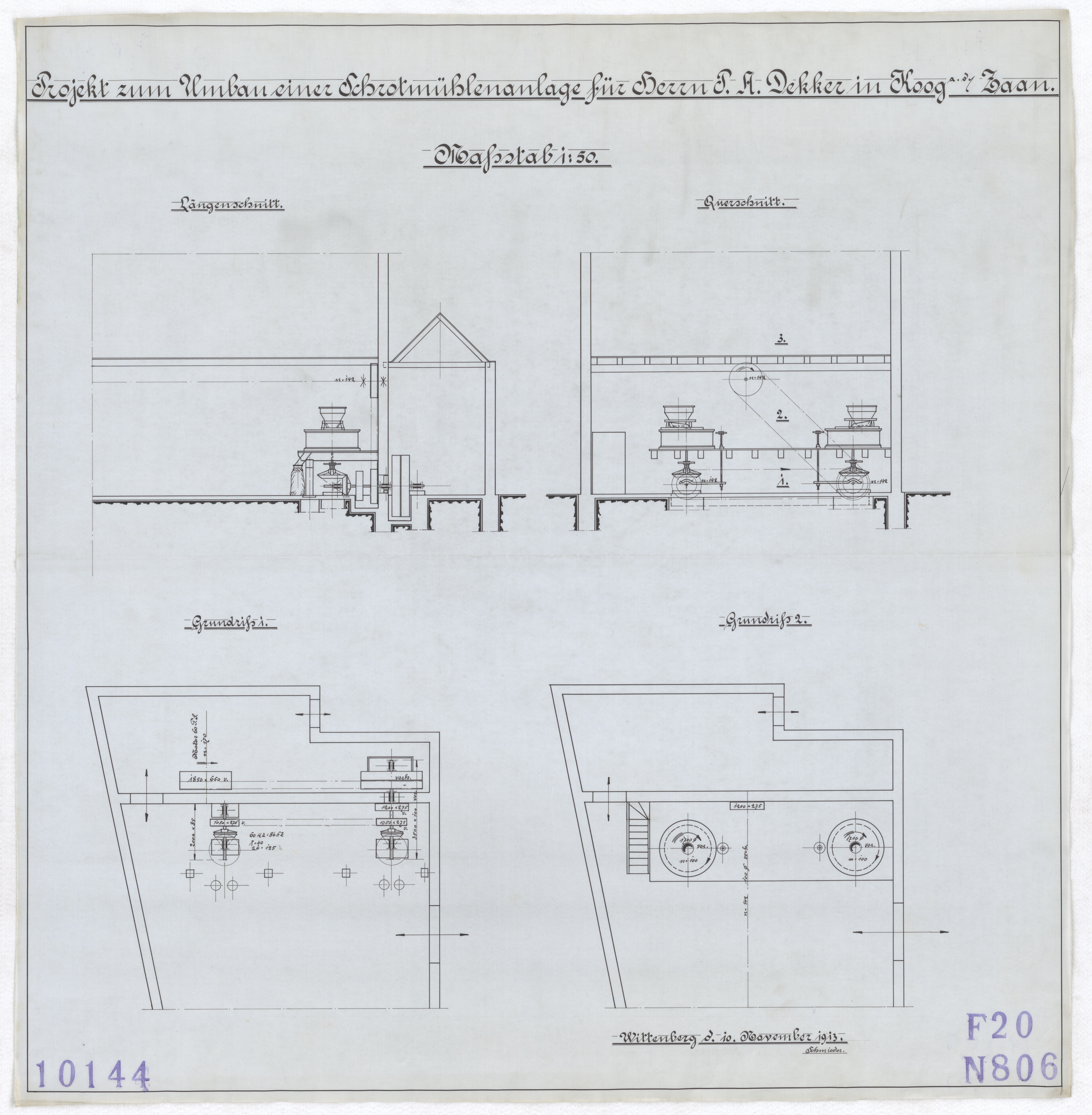 Technische Zeichnung : Projekt zum Umbau einer Schrotmühlenanlage für Herrn P. A. Dekker in Koog an der Zaan (Stiftung Deutsches Technikmuseum Berlin CC BY-SA)