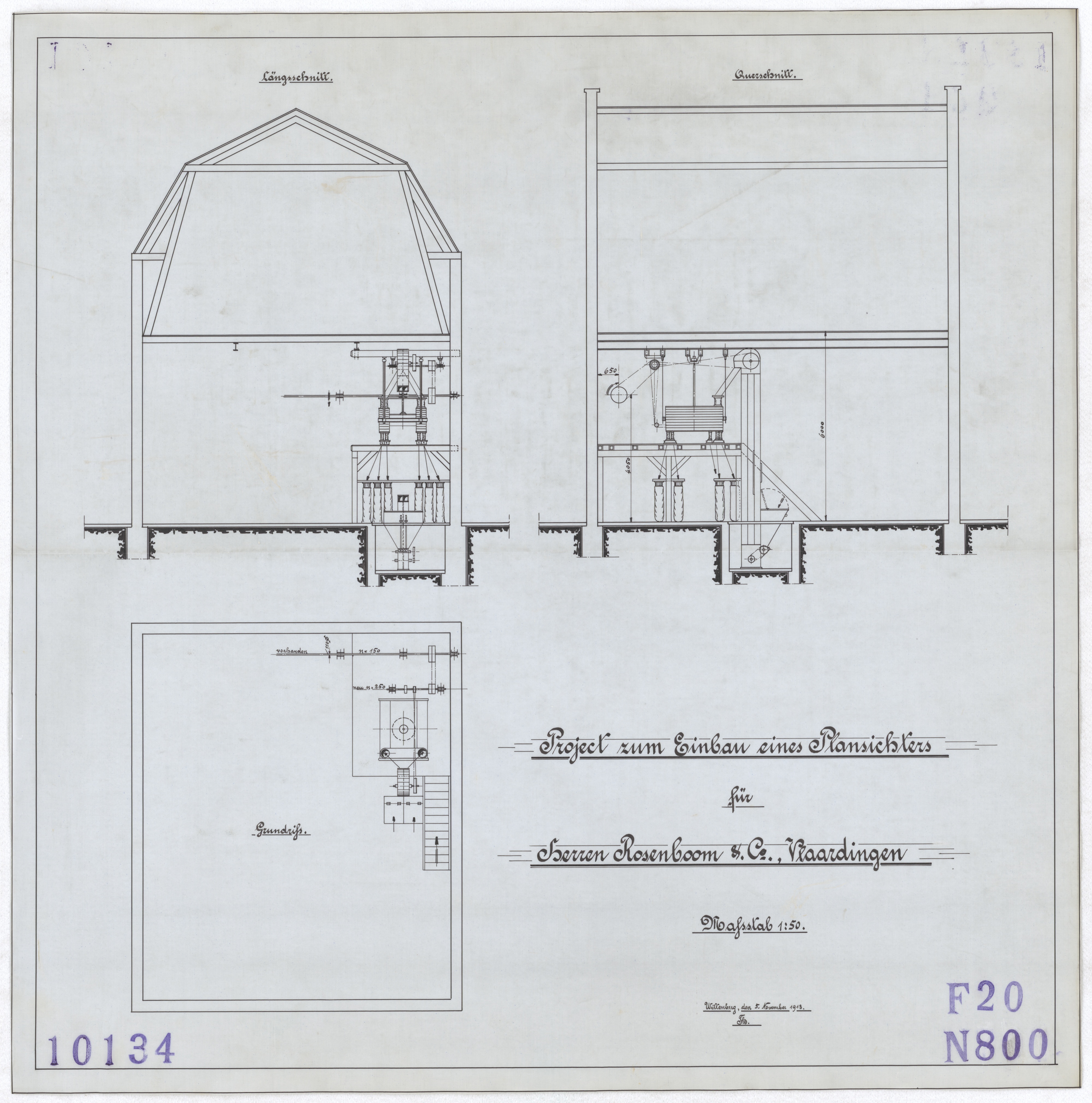 Technische Zeichnung : Projekt zum Einbau eines Plansichters für die Herren Rosenboom & Co., Vlaardingen (Stiftung Deutsches Technikmuseum Berlin CC BY-SA)