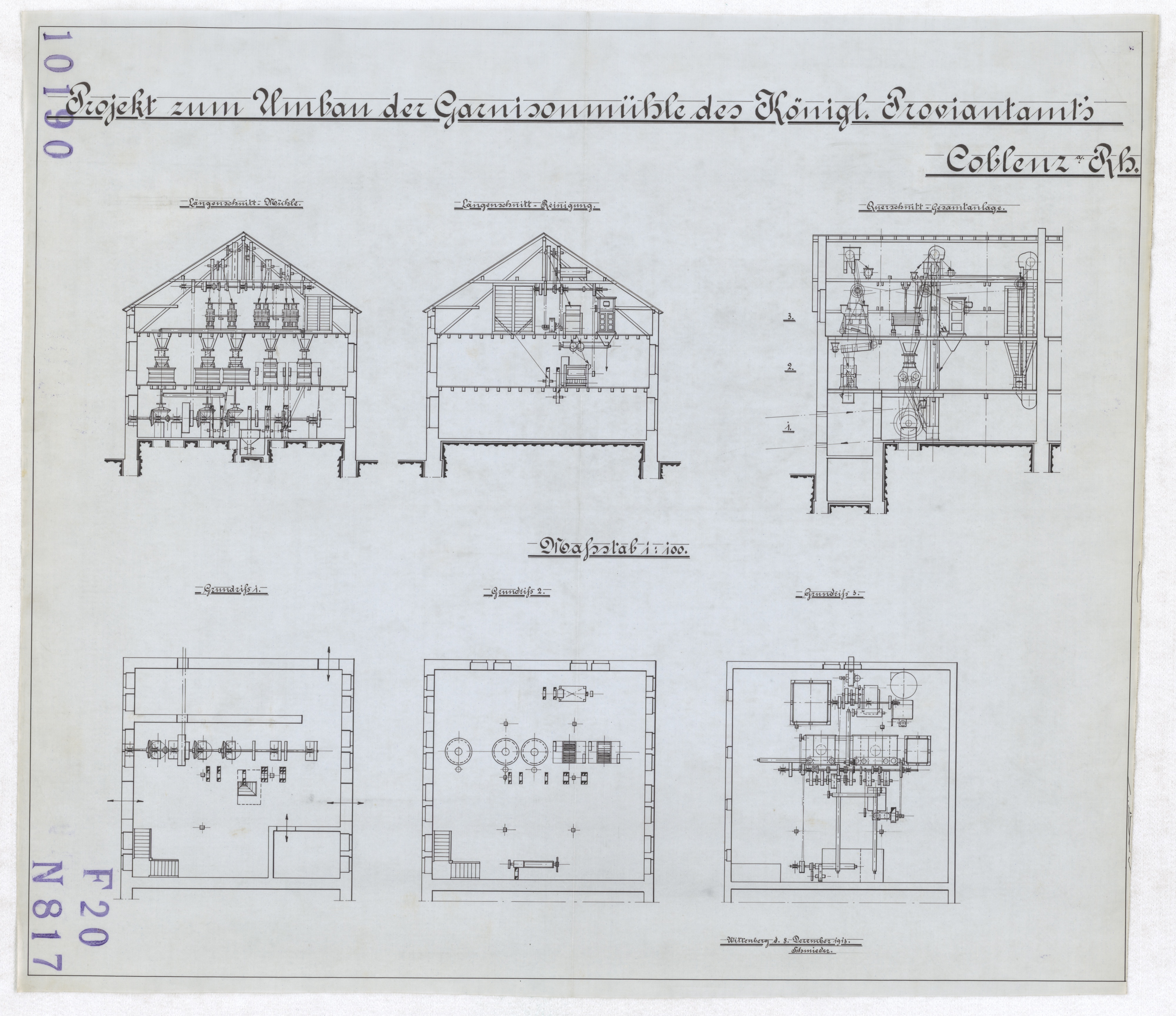 Technische Zeichnung : Projekt zum Umbau der Garnisonmühle des Königlichen Proviantamts zu Koblenz am Rhein (Stiftung Deutsches Technikmuseum Berlin CC BY-SA)