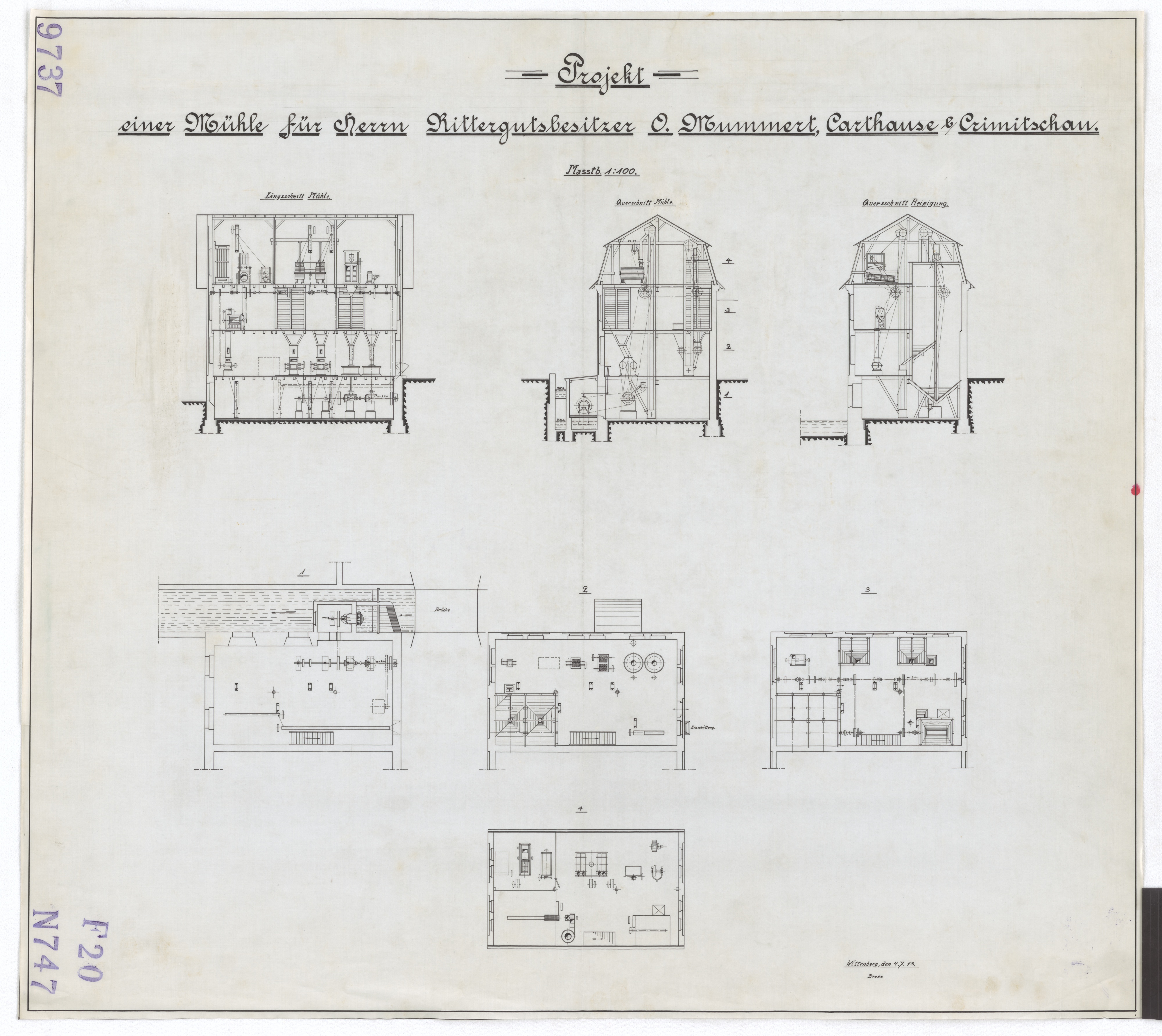 Technische Zeichnung : Projekt einer Mühle für Herrn Rittergutsbesitzer O. Mummert, Carthause bei Crimmitschau (Stiftung Deutsches Technikmuseum Berlin CC BY-SA)