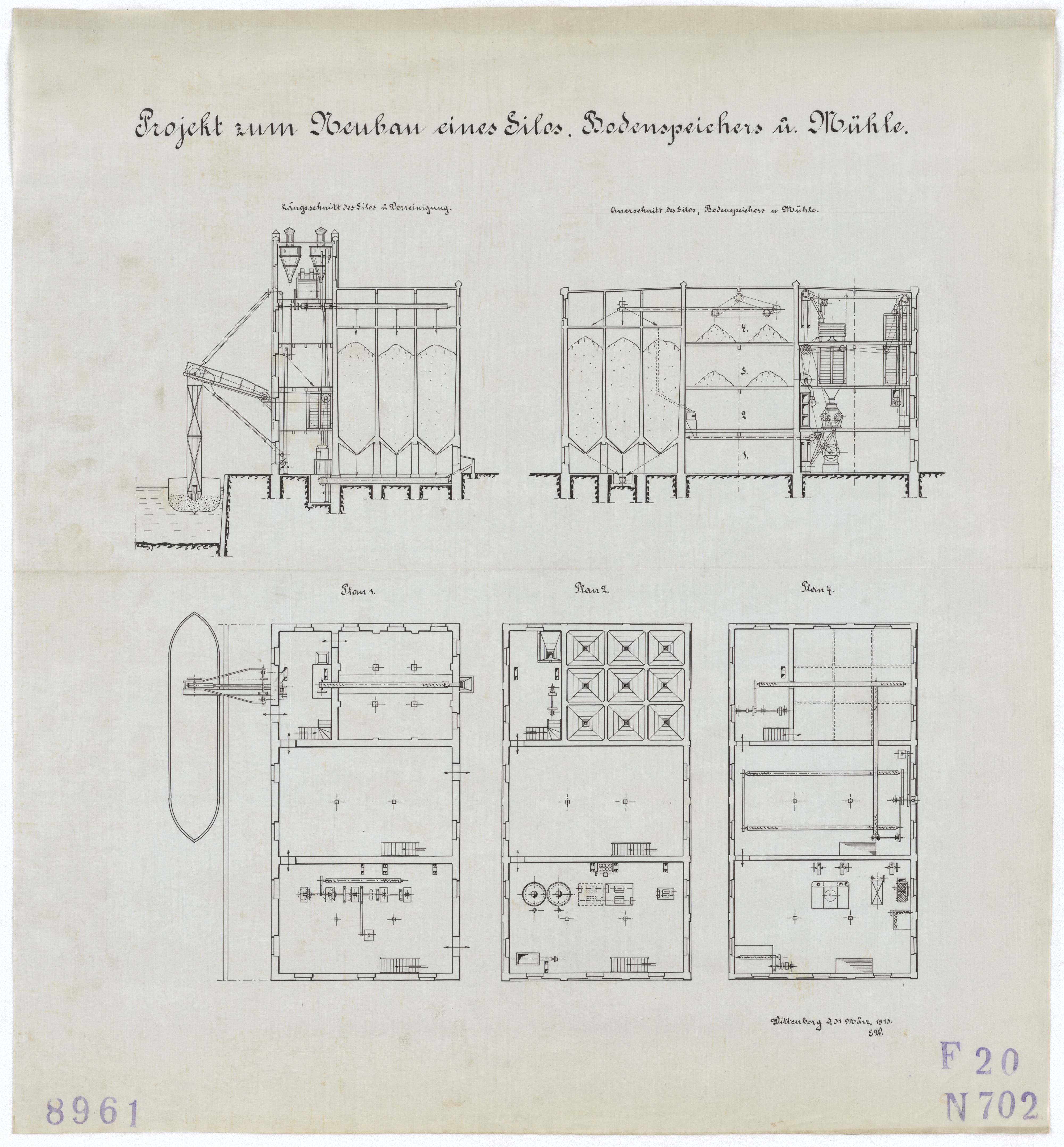 Technische Zeichnung : Projekt zum Neubau eines Silos, Bodenspeichers und Mühle (Stiftung Deutsches Technikmuseum Berlin CC BY-SA)