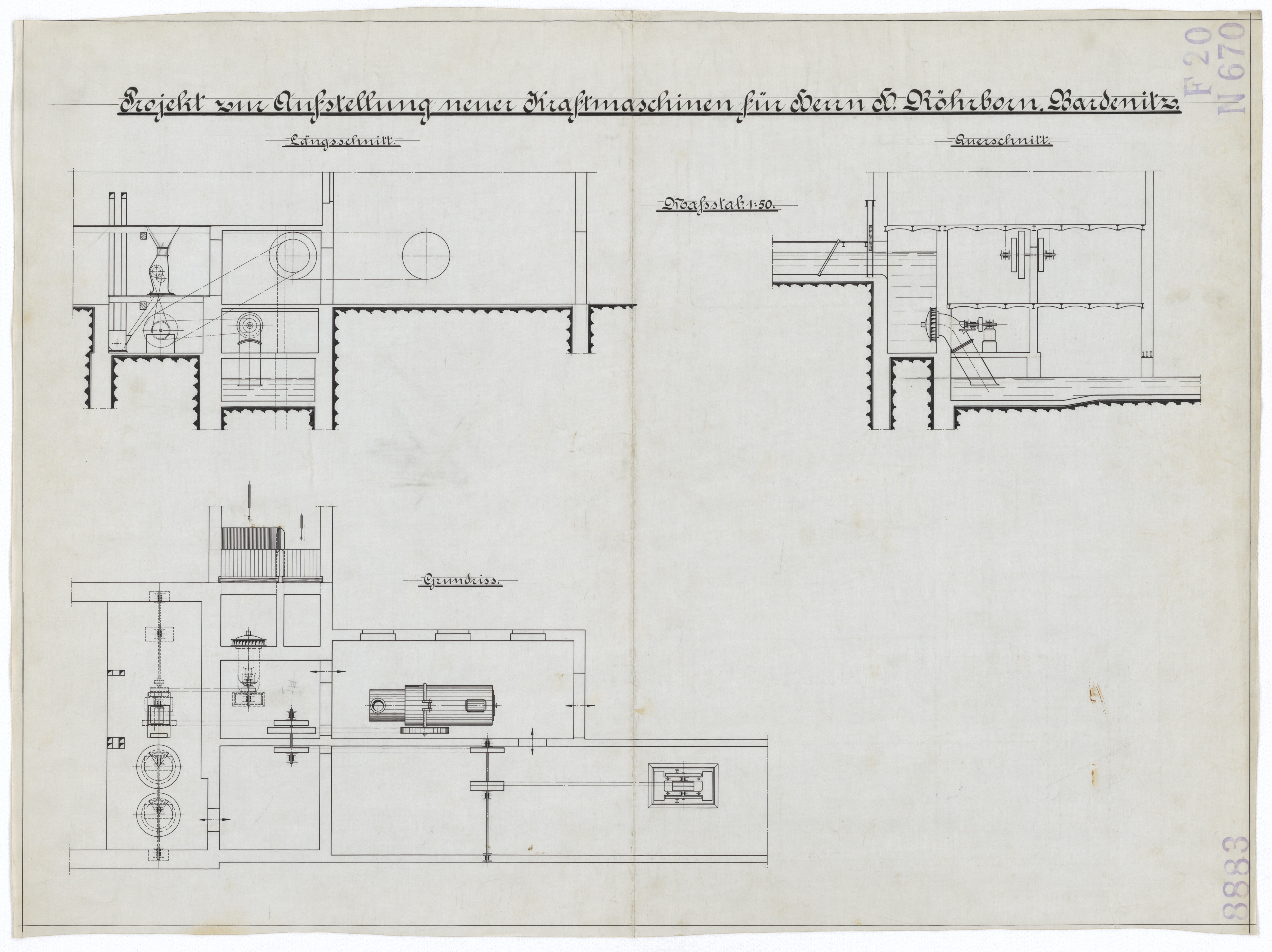 Technische Zeichnung : Projekt zur Aufstellung neuer Kraftmaschinen für Herrn H. Röhrborn, Bardenitz (Stiftung Deutsches Technikmuseum Berlin CC BY-SA)
