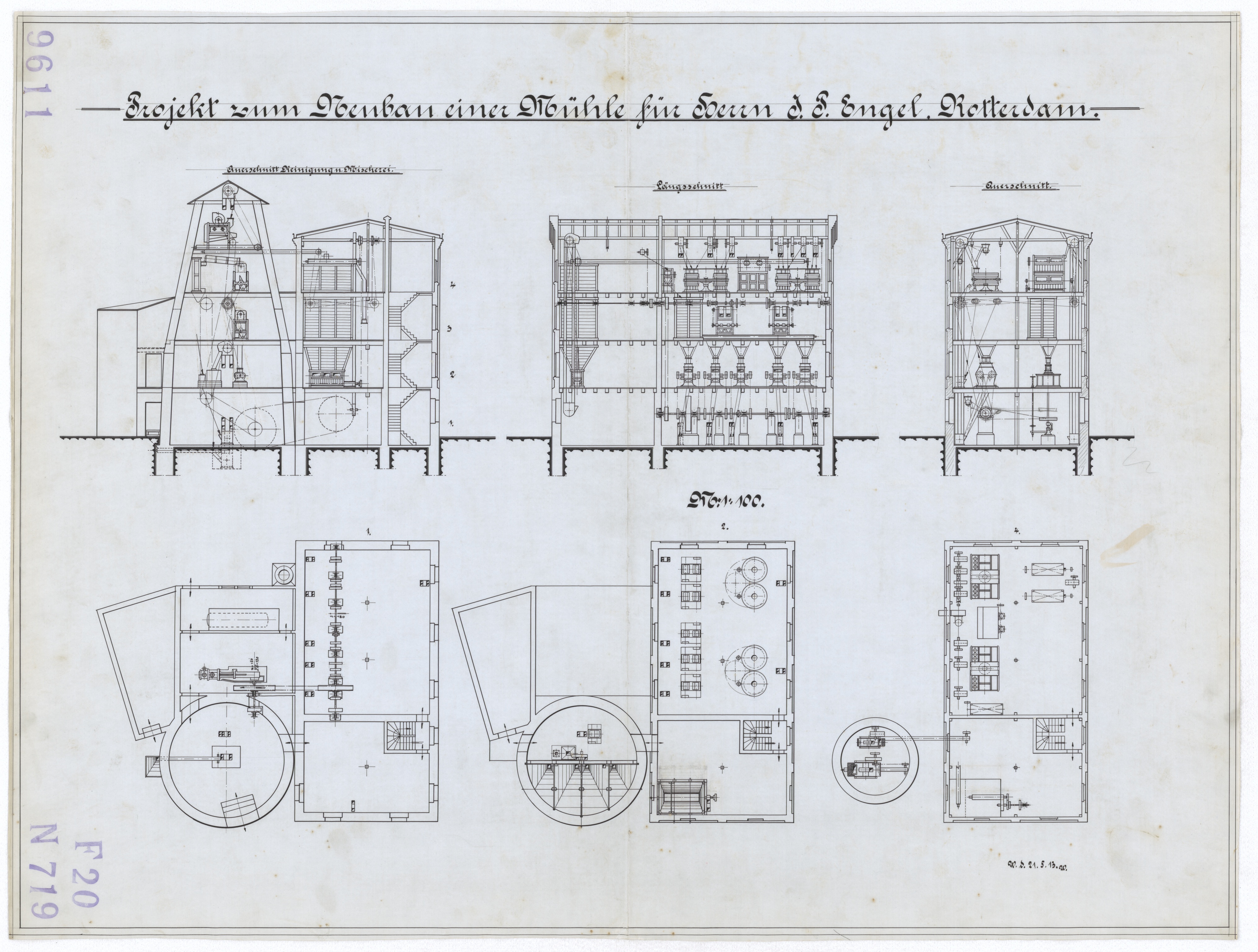 Technische Zeichnung : Projekt zum Neubau einer Mühle für Herrn J. P. Engel, Rotterdam (Stiftung Deutsches Technikmuseum Berlin CC BY-SA)