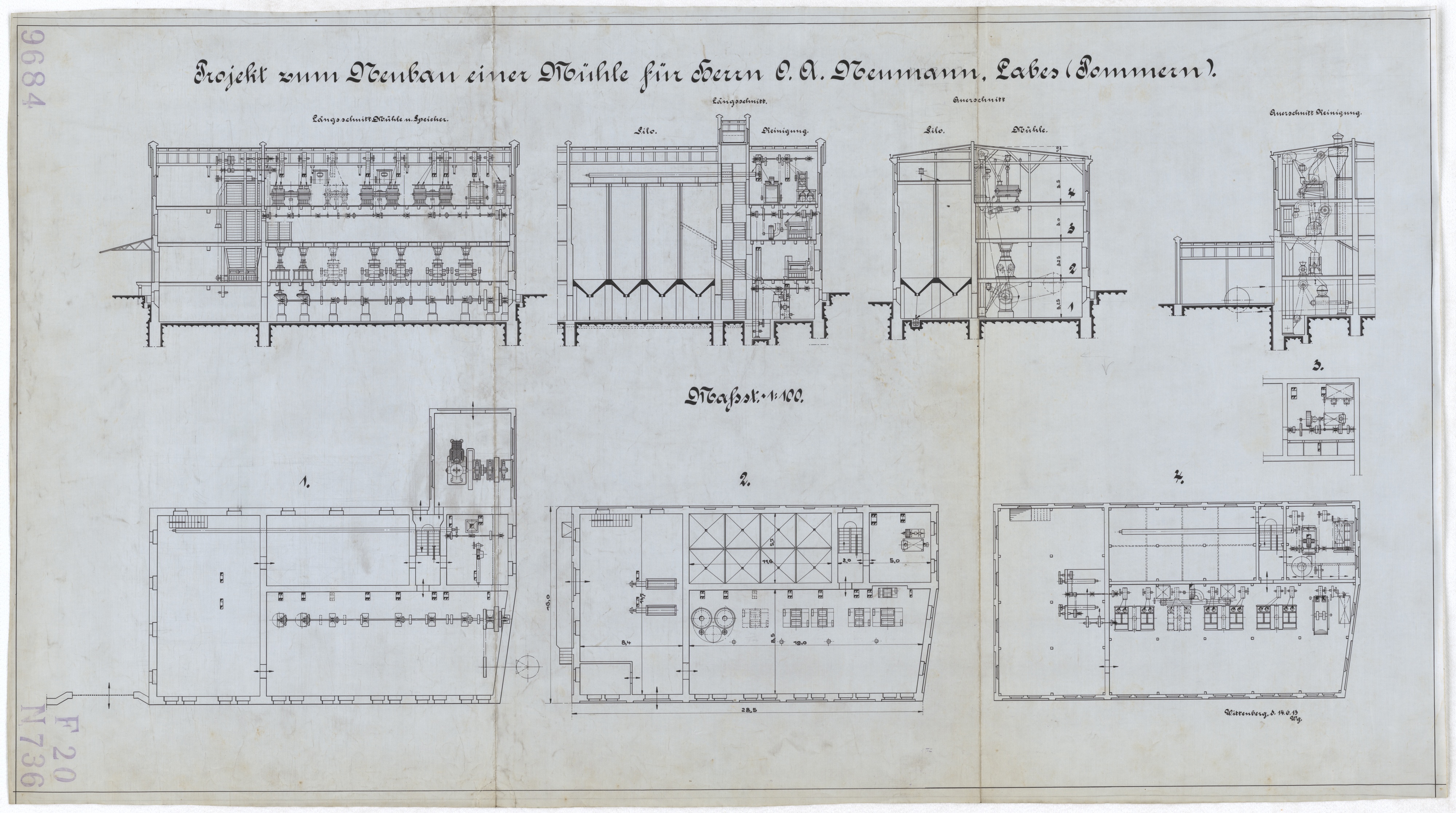 Technische Zeichnung : Projekt zum Neubau einer Mühle für Herrn O. A. Neumann, Labes (Pommern) (Stiftung Deutsches Technikmuseum Berlin CC BY-SA)