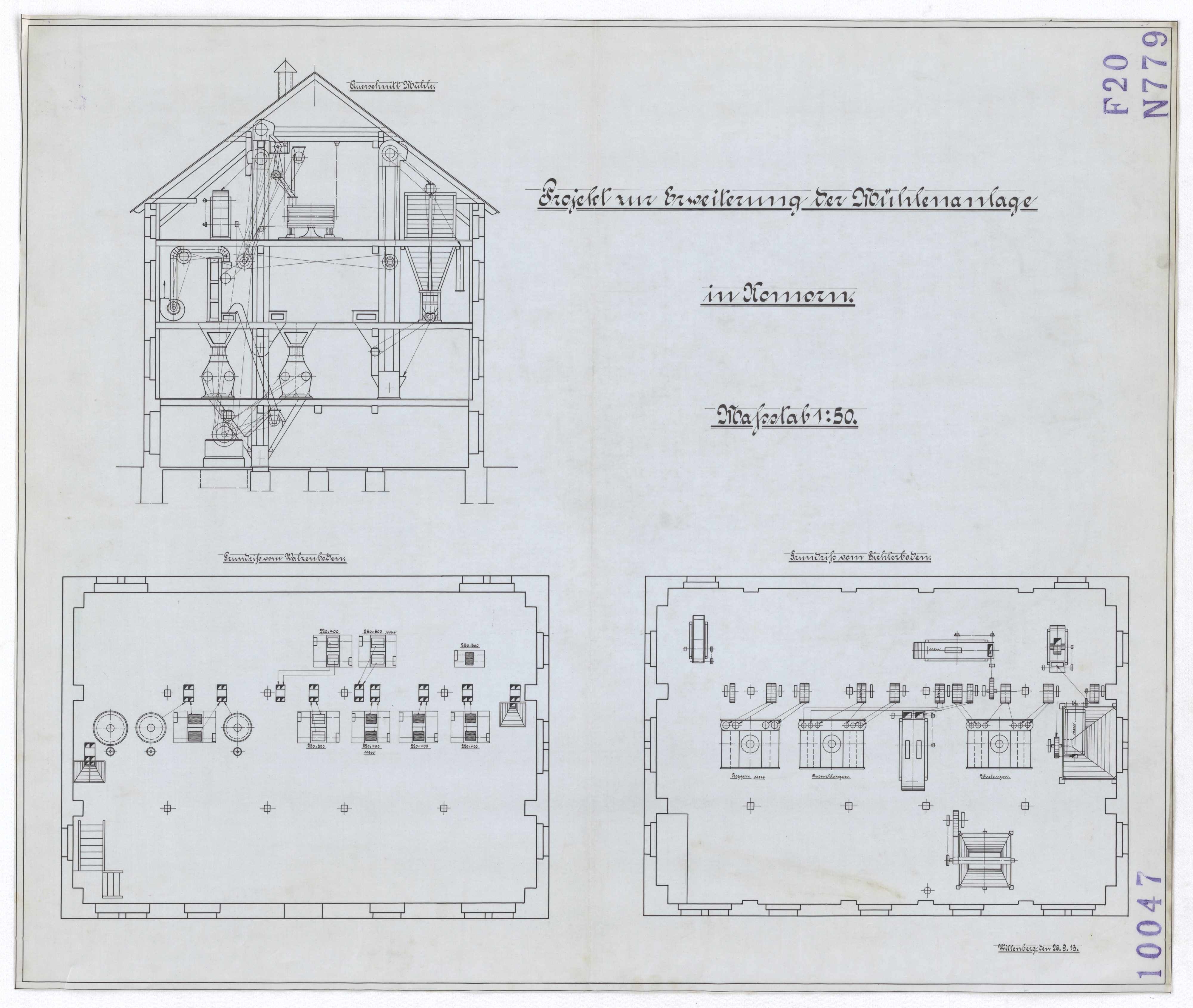 Technische Zeichnung : Projekt zur Erweiterung der Mühlenanlage in Komorn (Stiftung Deutsches Technikmuseum Berlin CC BY-SA)