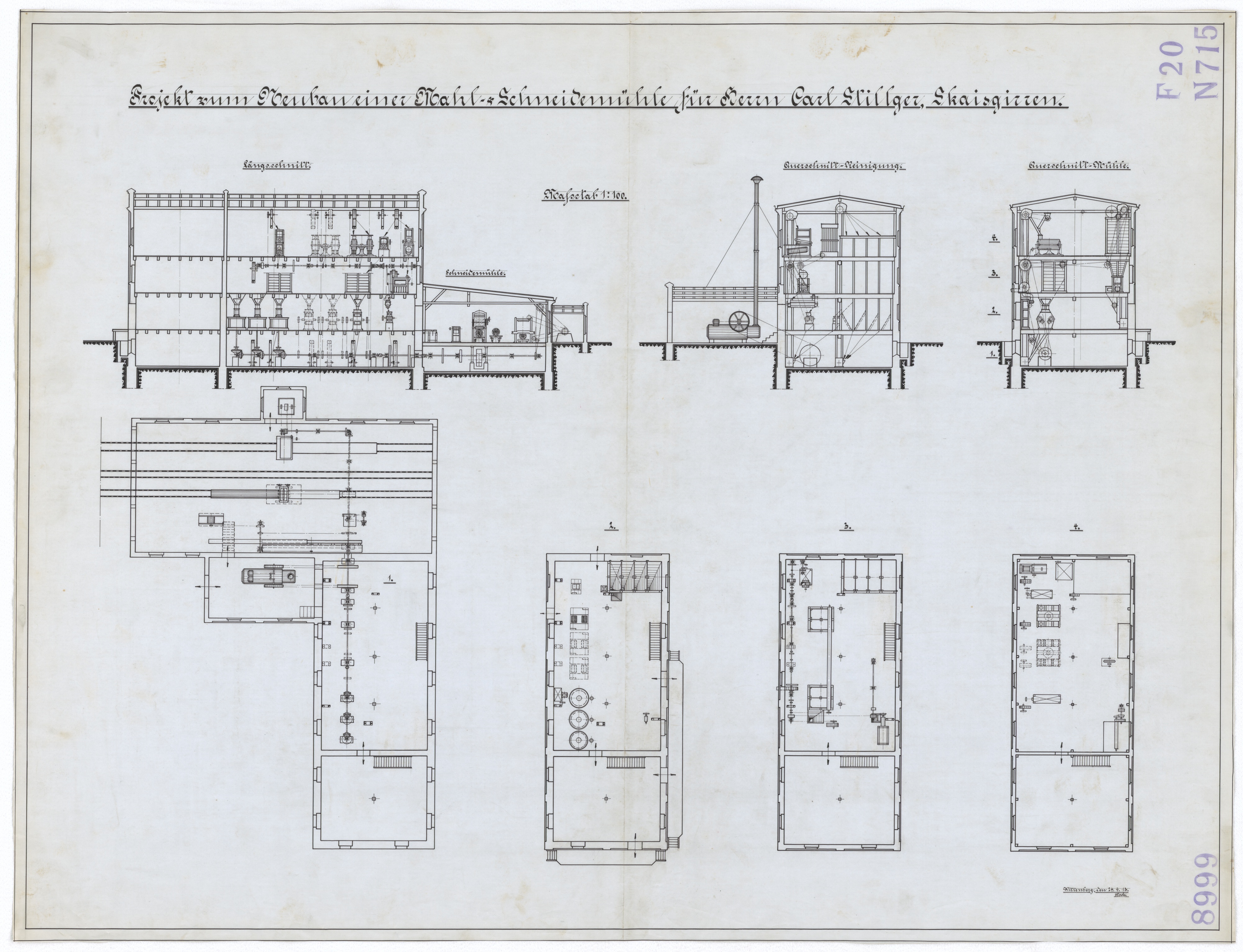 Technische Zeichnung : Projekt zum Neubau einer Mahl- und Schneidemühle für Herrn Carl Stillger, Skaisgirren (Stiftung Deutsches Technikmuseum Berlin CC BY-SA)