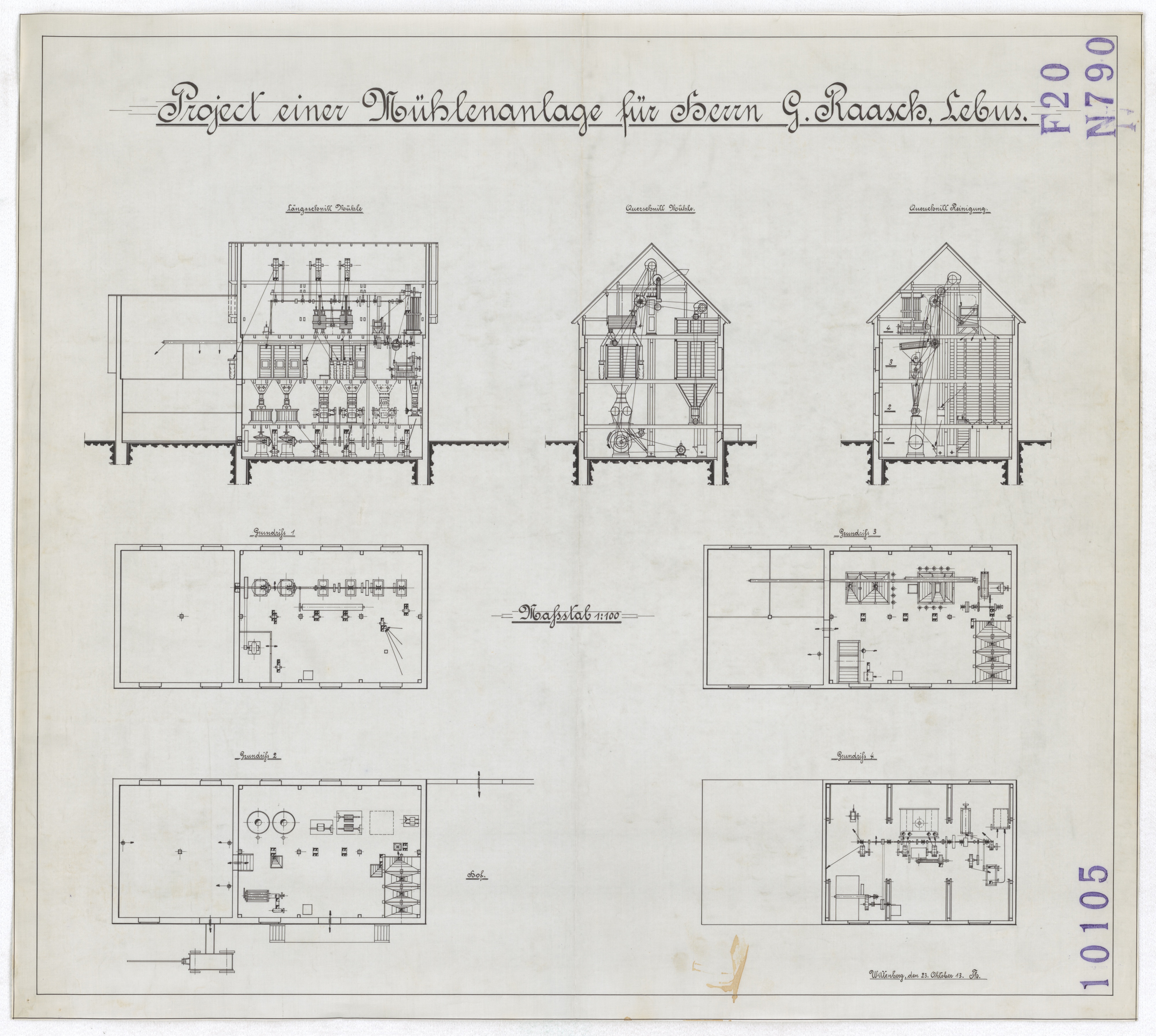 Technische Zeichnung : Projekt einer Mühlenanlage für Herrn G. Raasch, Lebus (Stiftung Deutsches Technikmuseum Berlin CC BY-SA)