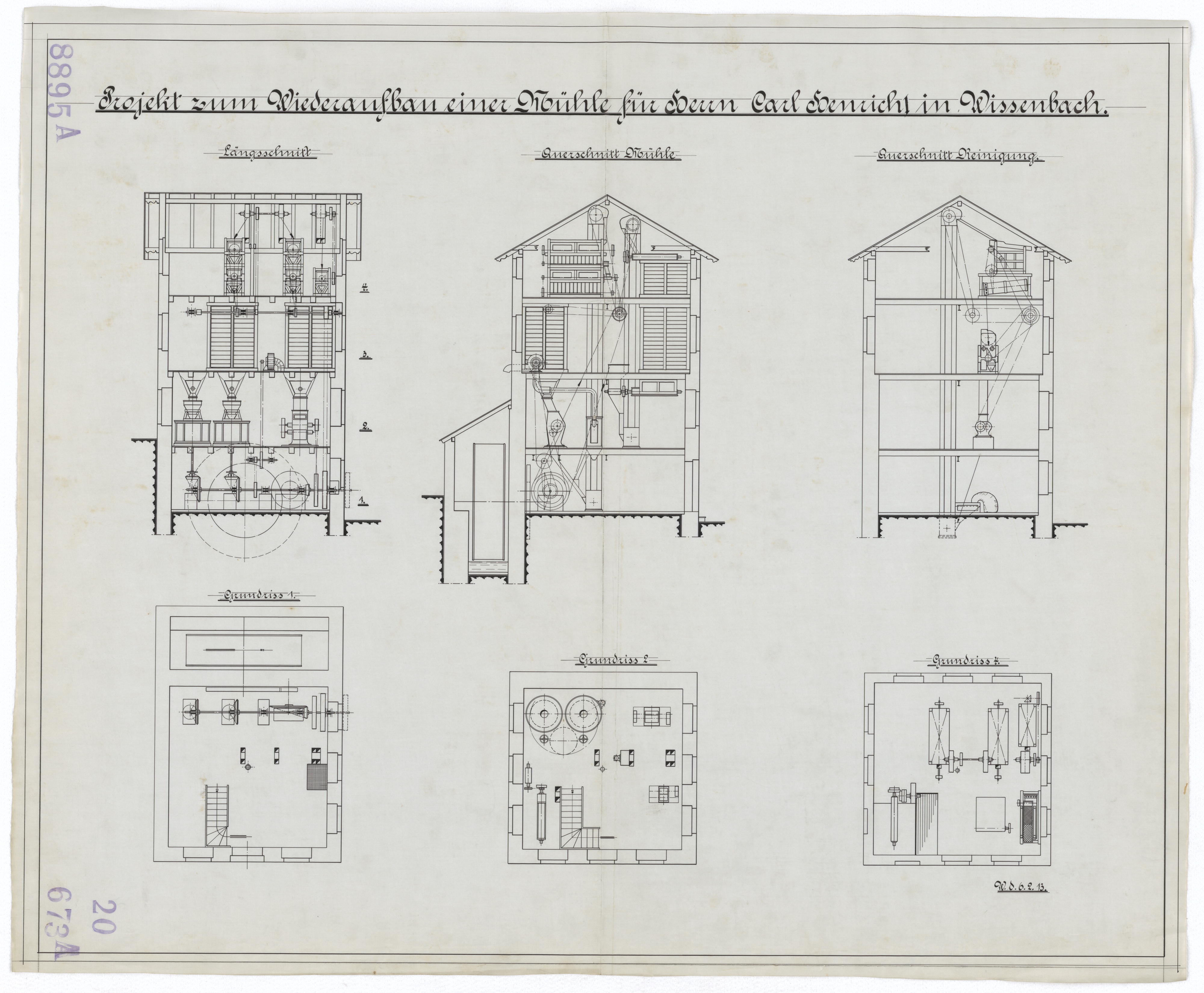 Technische Zeichnung : Projekt zum Wiederaufbau einer Mühle für Herrn Carl Henrich I. in Wissenbach (Stiftung Deutsches Technikmuseum Berlin CC BY-SA)