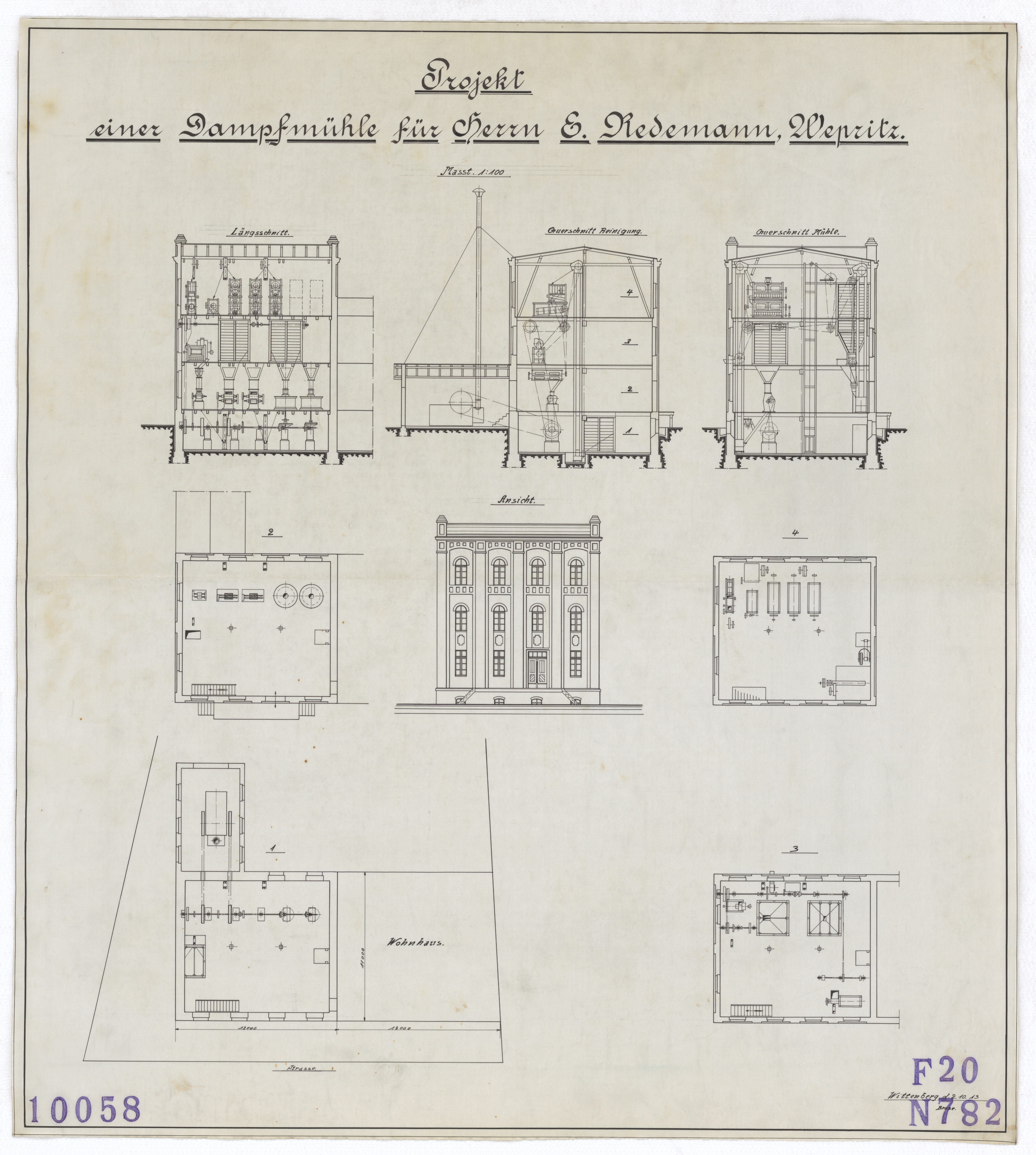 Technische Zeichnung : Projekt einer Dampfmühle für Herrn R. Redemann, Wepritz (Stiftung Deutsches Technikmuseum Berlin CC BY-SA)