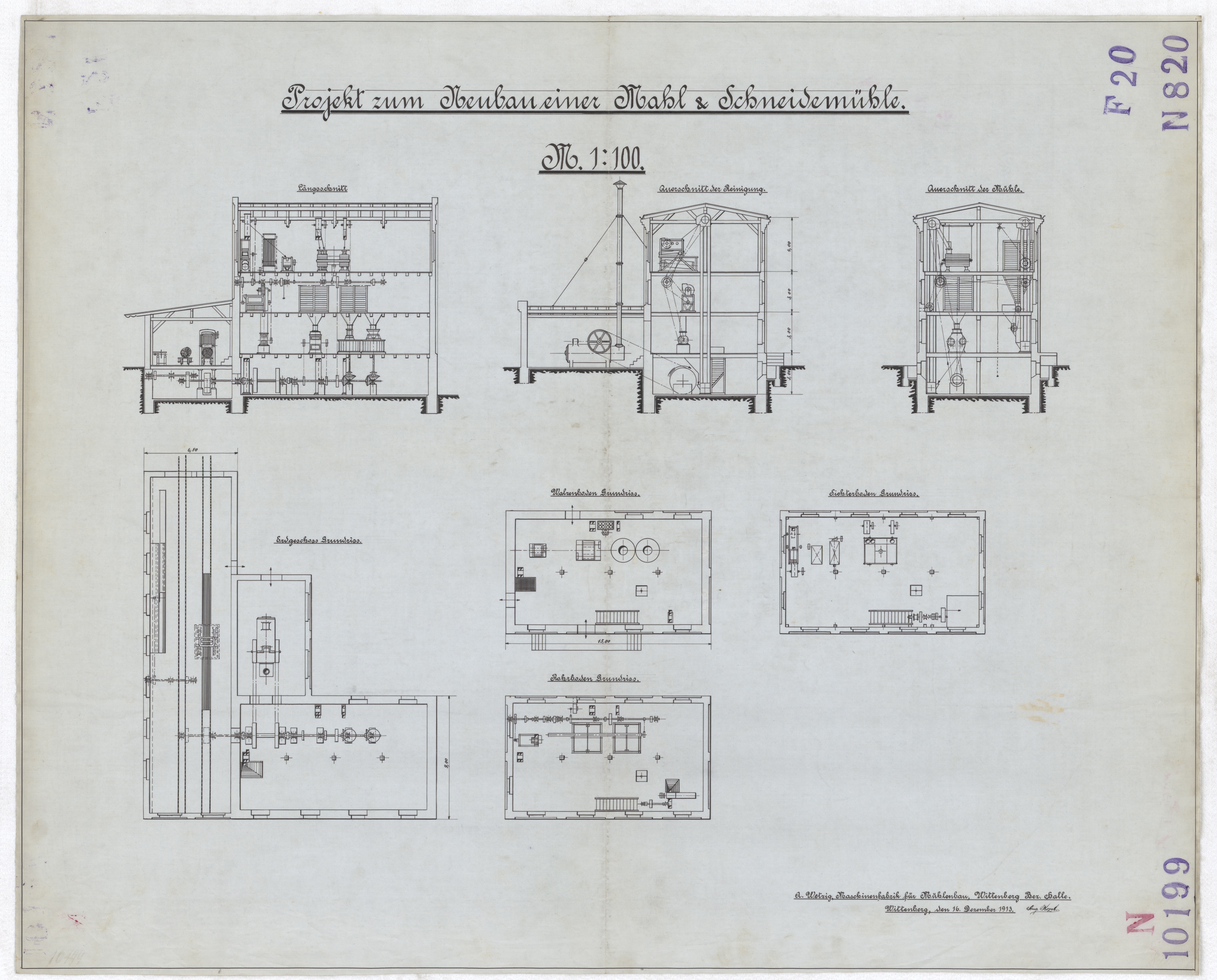 Technische Zeichnung : Projekt zum Neubau einer Mahl- und Schneidemühle (Stiftung Deutsches Technikmuseum Berlin CC BY-SA)