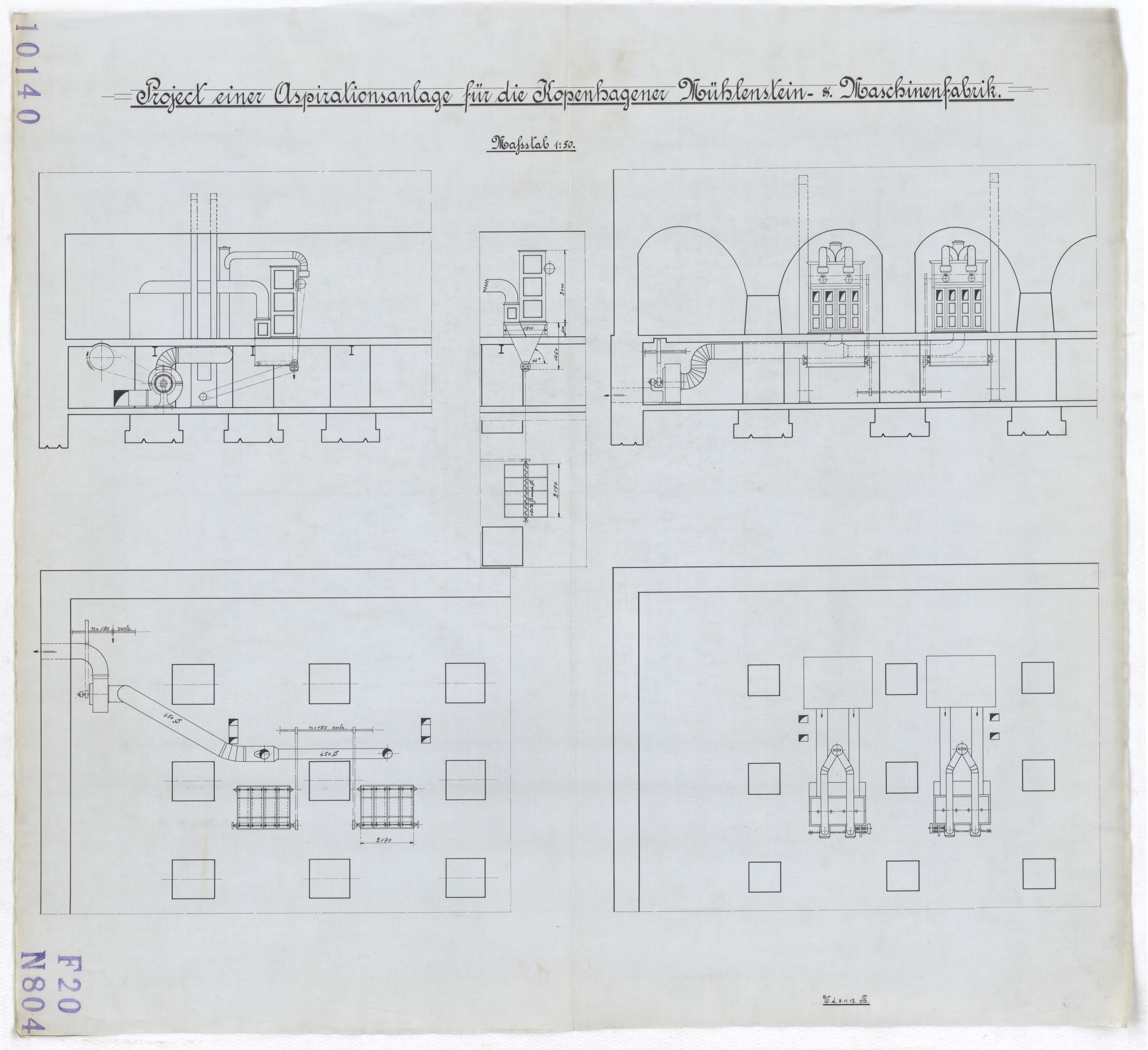 Technische Zeichnung : Projekt einer Aspirationsanlage für die Kopenhagener Mühlenstein- und Maschinenfabrik (Stiftung Deutsches Technikmuseum Berlin CC BY-SA)