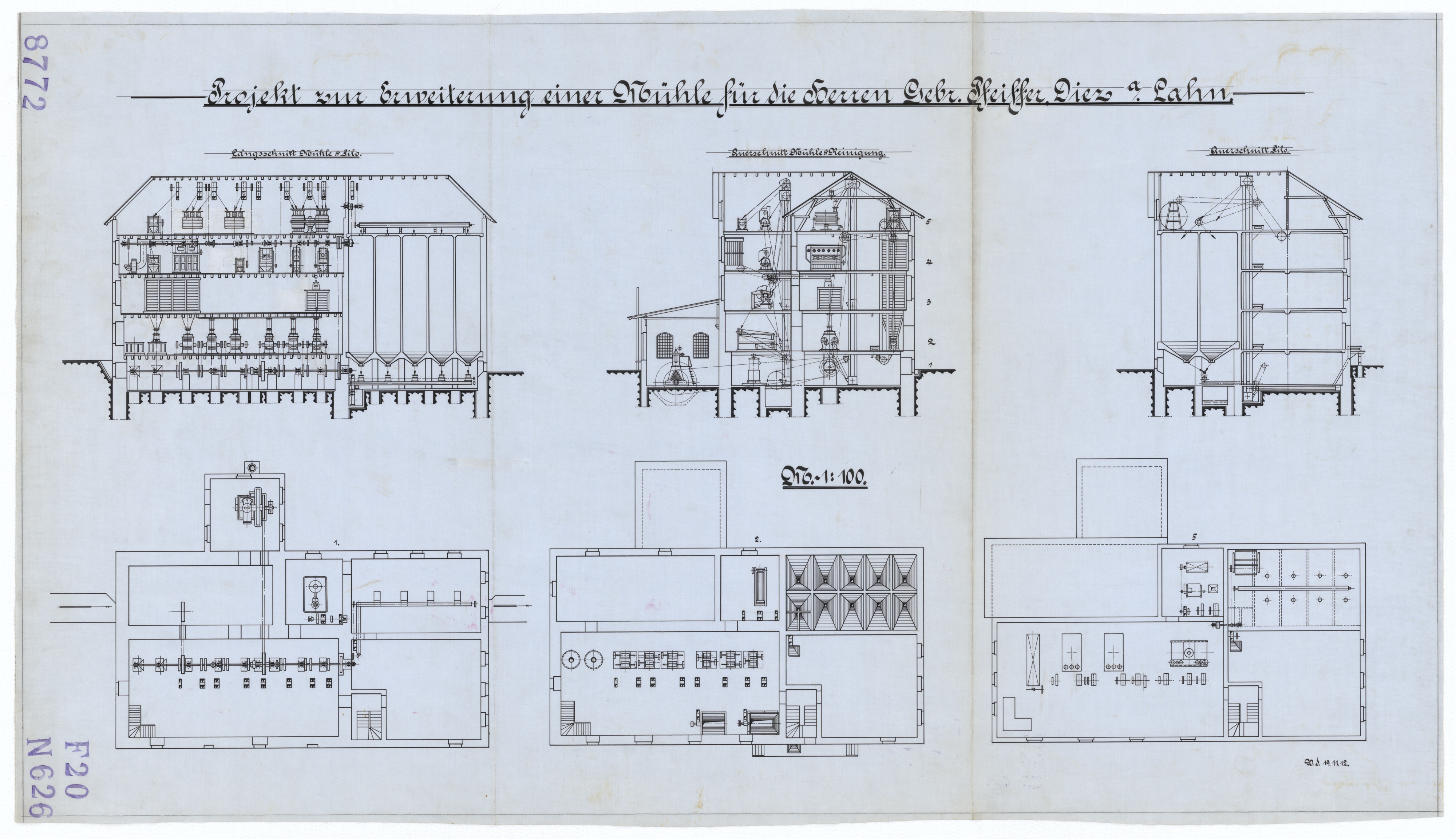 Technische Zeichnung : Projekt zur Erweiterung einer Mühle für die Herren Gebrüder Pfeiffer, Diez an der Lahn (Stiftung Deutsches Technikmuseum Berlin CC BY-SA)