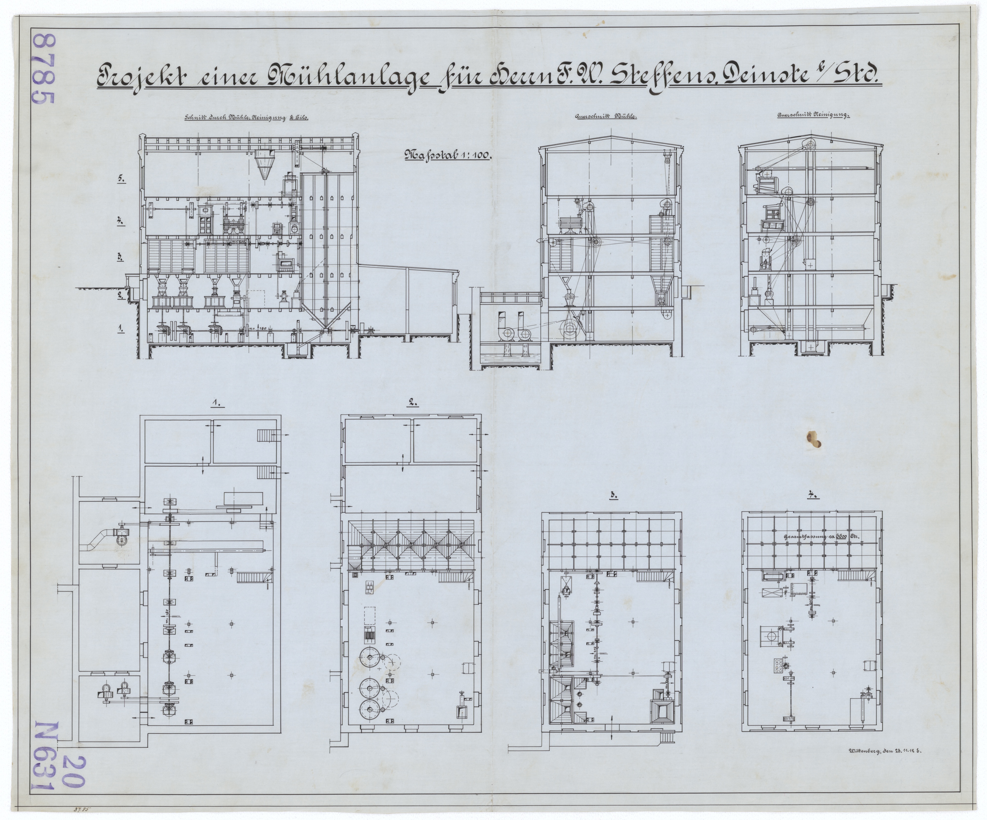 Technische Zeichnung : Projekt einer Mühlenanlage für Herrn F. W. Steffens, Deinste bei Stade (Stiftung Deutsches Technikmuseum Berlin CC BY-SA)