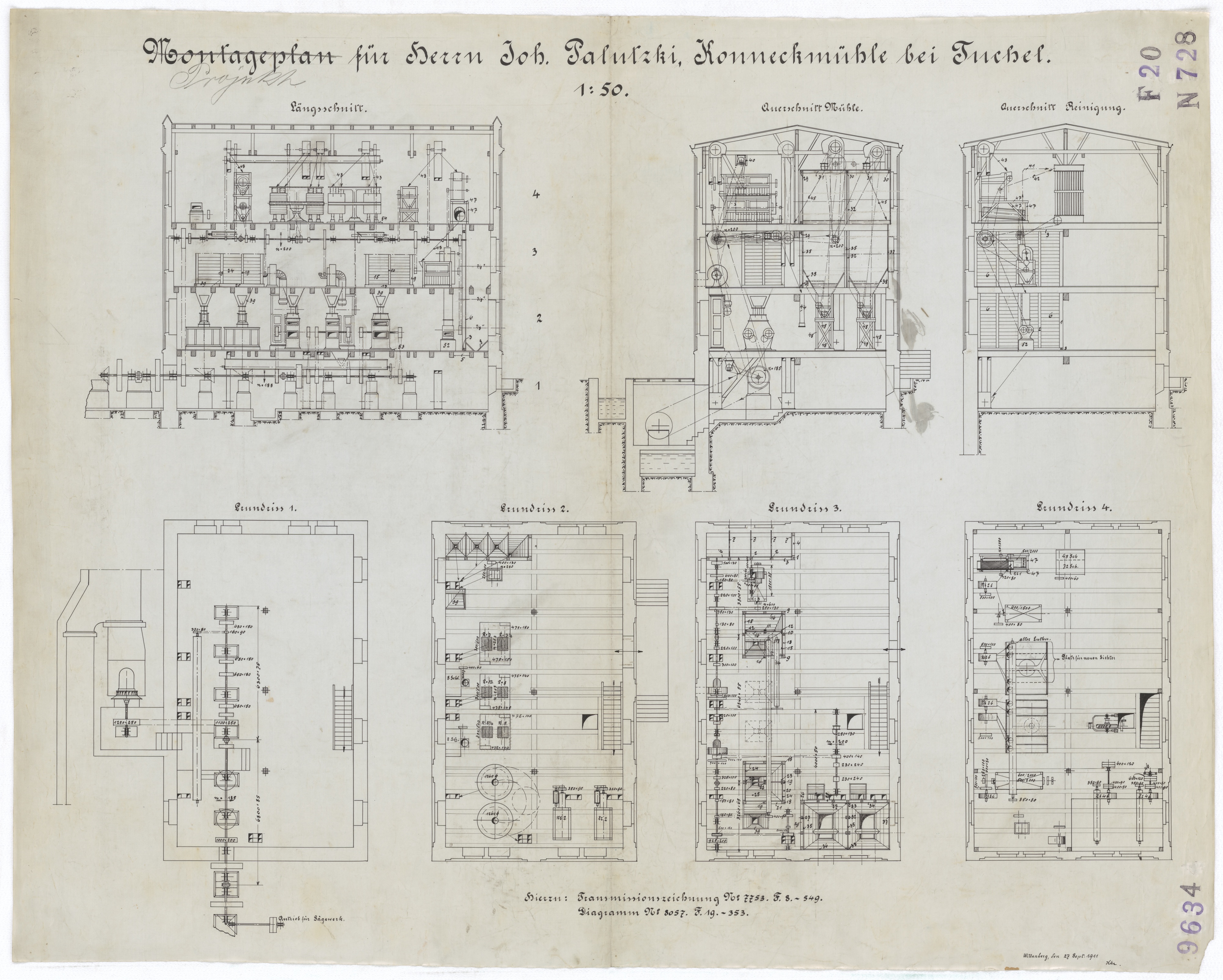 Technische Zeichnung : Projektplan für Herrn Joh. Palutzki, Konneckmühle bei Tuchel (Stiftung Deutsches Technikmuseum Berlin CC BY-SA)