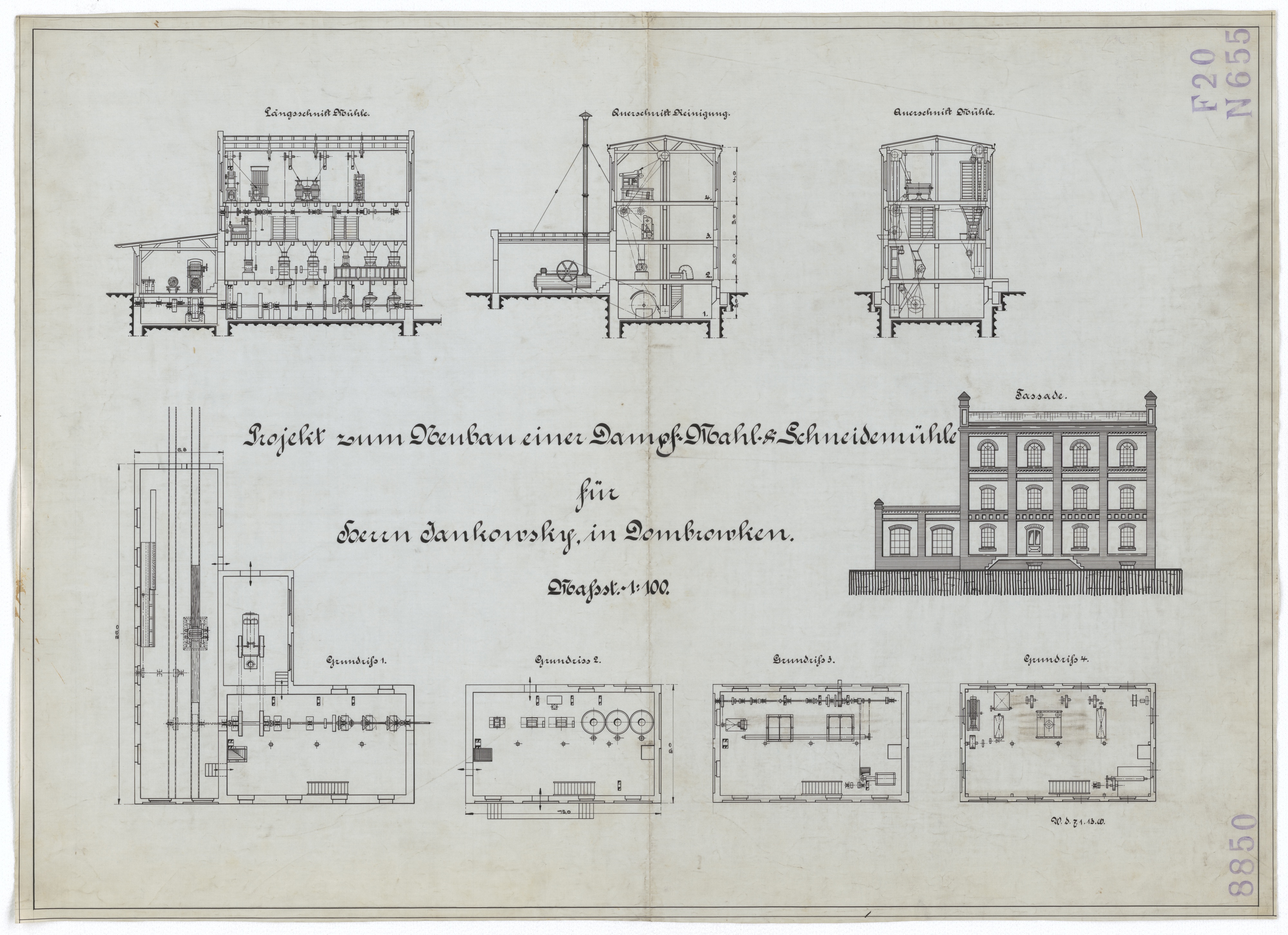 Technische Zeichnung : Projekt zum Neubau einer Dampf-[,] Mahl- und Schneidemühle für Herrn Jankowsky in Dombrowken (Stiftung Deutsches Technikmuseum Berlin CC BY-SA)