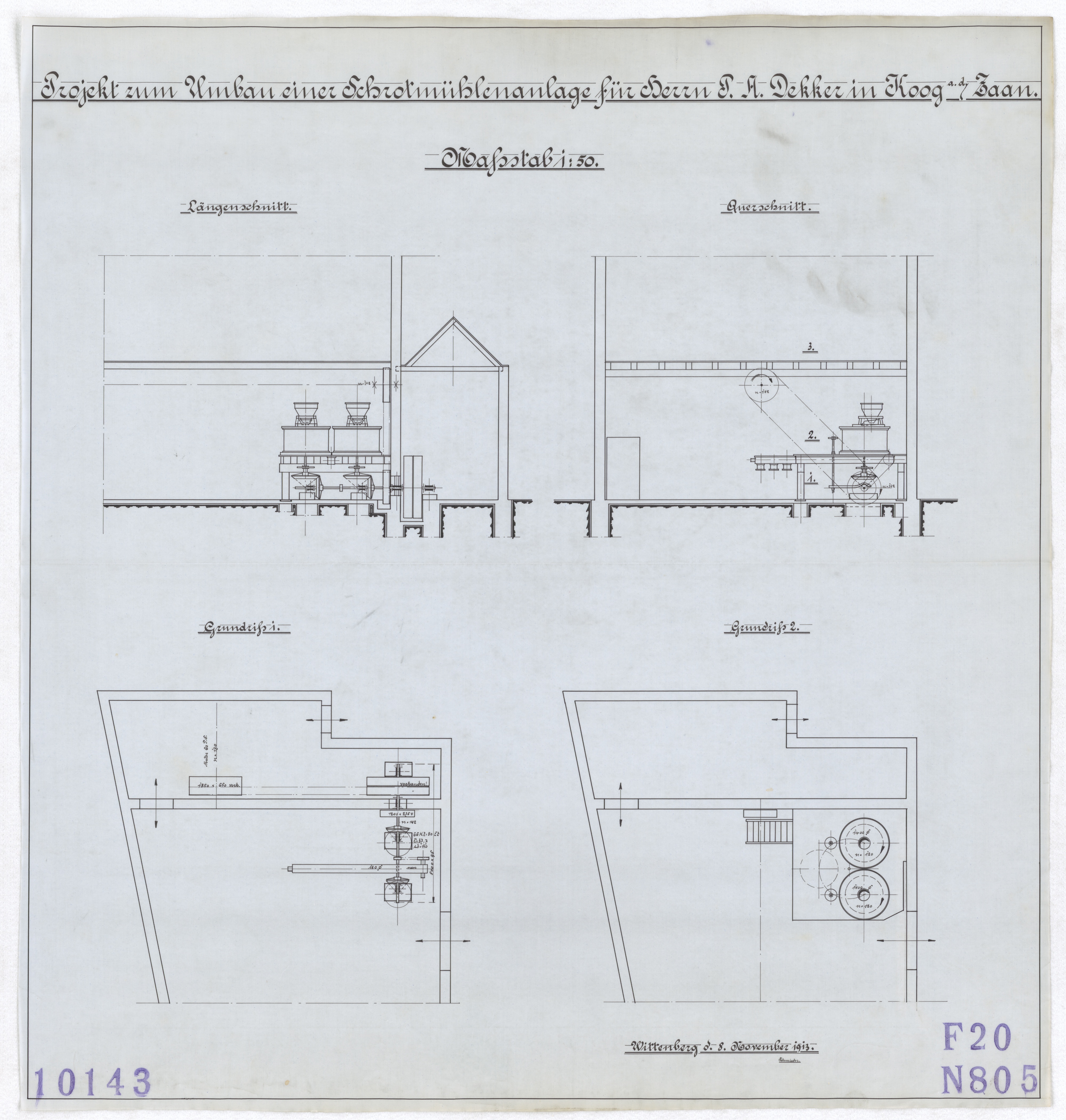 Technische Zeichnung : Projekt zum Umbau einer Schrotmühlenanlage für Herrn P. A. Dekker in Koog an der Zaan (Stiftung Deutsches Technikmuseum Berlin CC BY-SA)