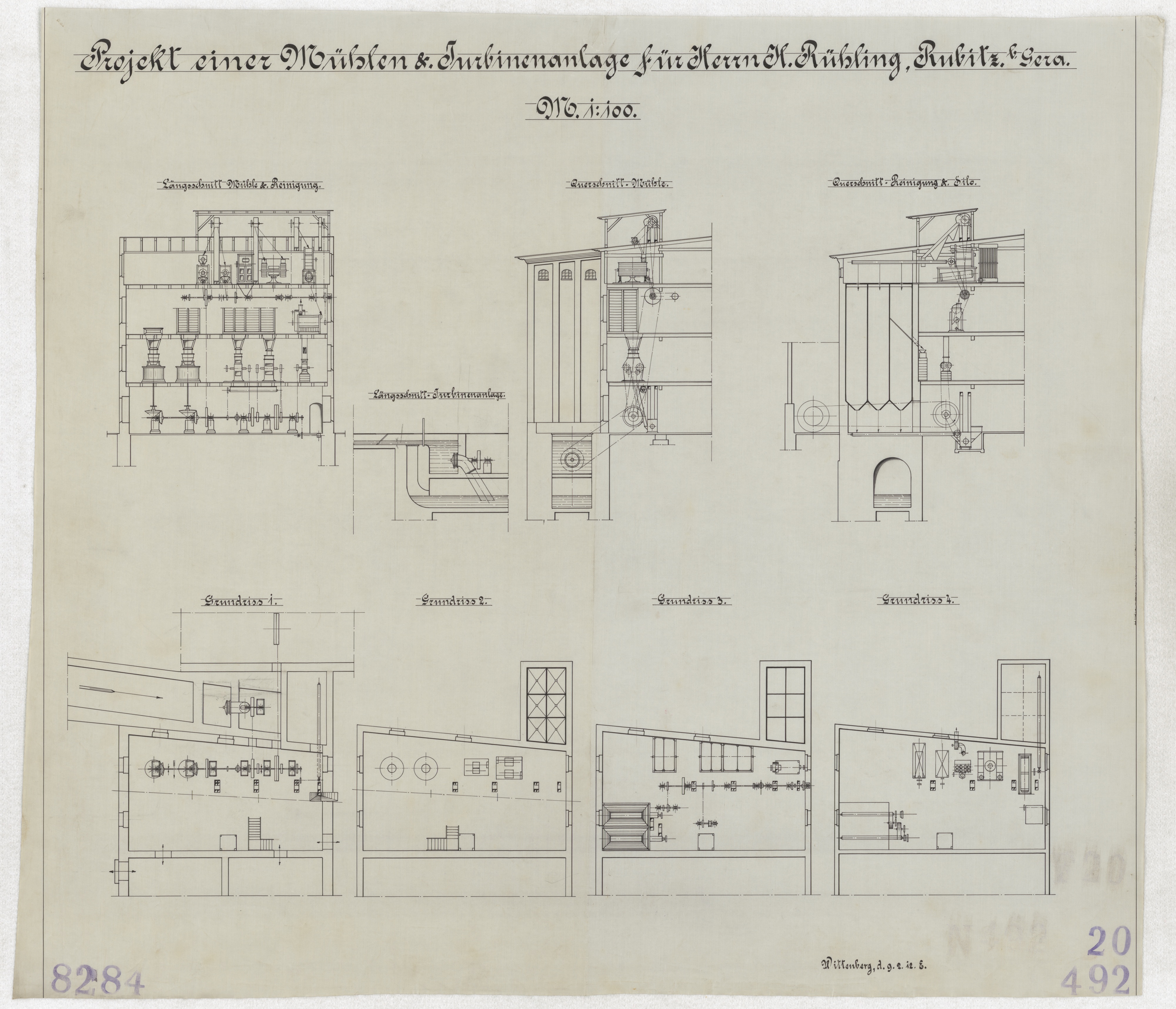Technische Zeichnung : Projekt einer Mühlen[-] und Turbinenanlage für Herrn H. Rühling, Rubitz bei Gera (Stiftung Deutsches Technikmuseum Berlin CC BY-SA)