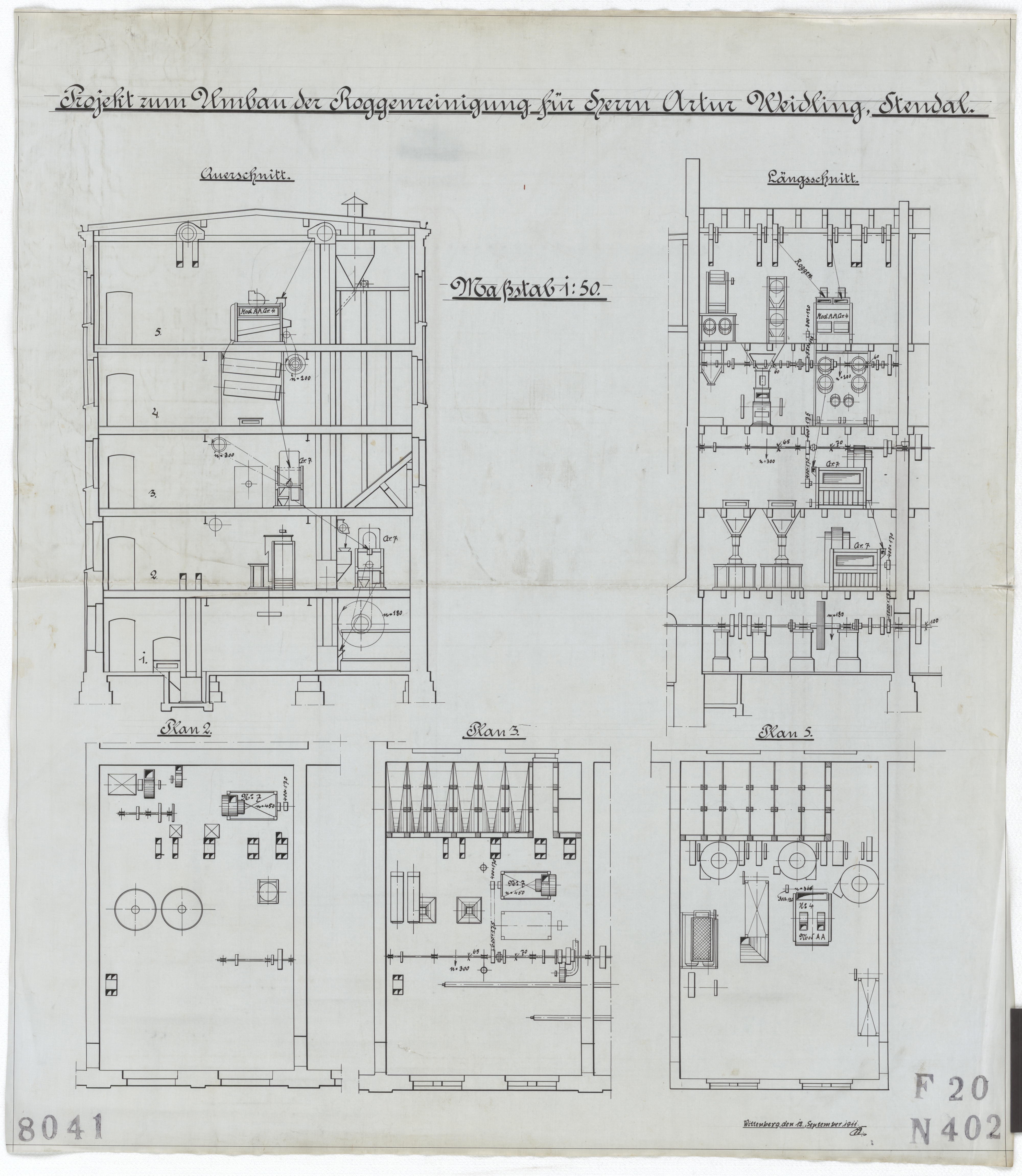 Technische Zeichnung : Projekt zum Umbau der Roggenreinigung für Herrn Artur Weidling, Stendal (Stiftung Deutsches Technikmuseum Berlin CC BY-SA)