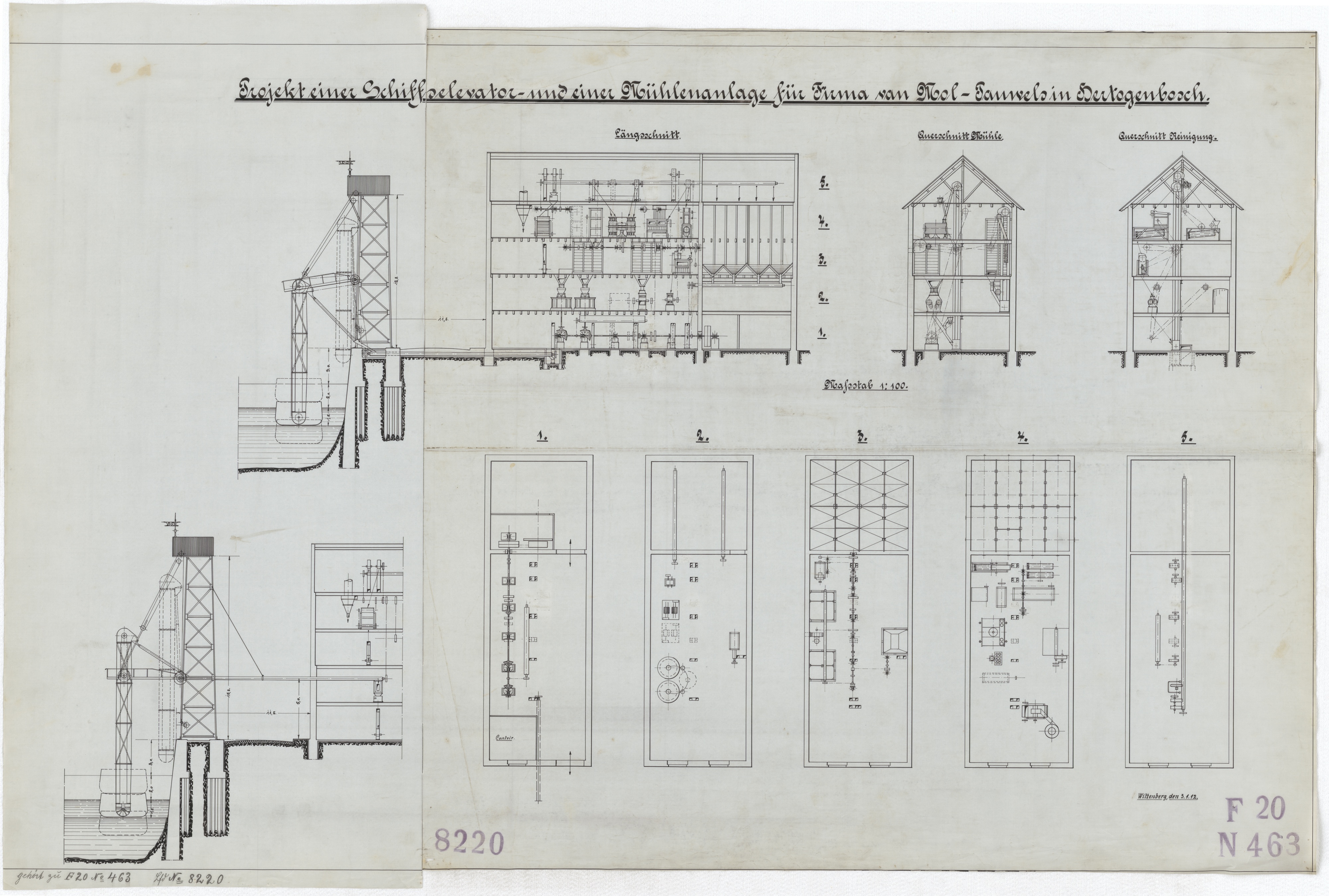 Technische Zeichnung : Projekt einer Schiffselevator- und einer Mühlenanlage für die Firma van Mol-Pauwels in Hertogenbosch (Stiftung Deutsches Technikmuseum Berlin CC BY-SA)