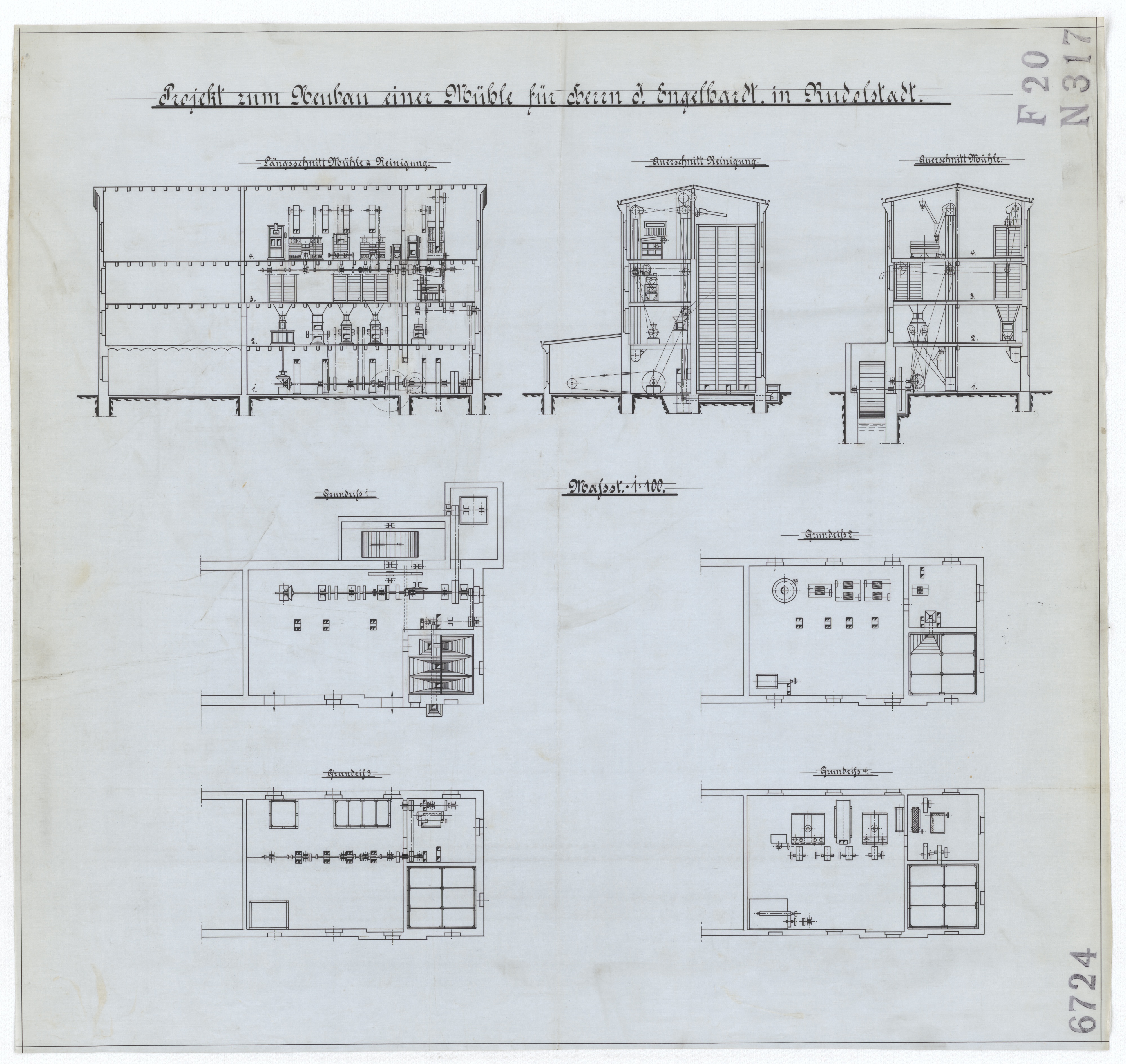 Technische Zeichnung : Projekt zum Neubau einer Mühle  für Herrn J. Engelhardt in Rudolstadt (Stiftung Deutsches Technikmuseum Berlin CC BY-SA)
