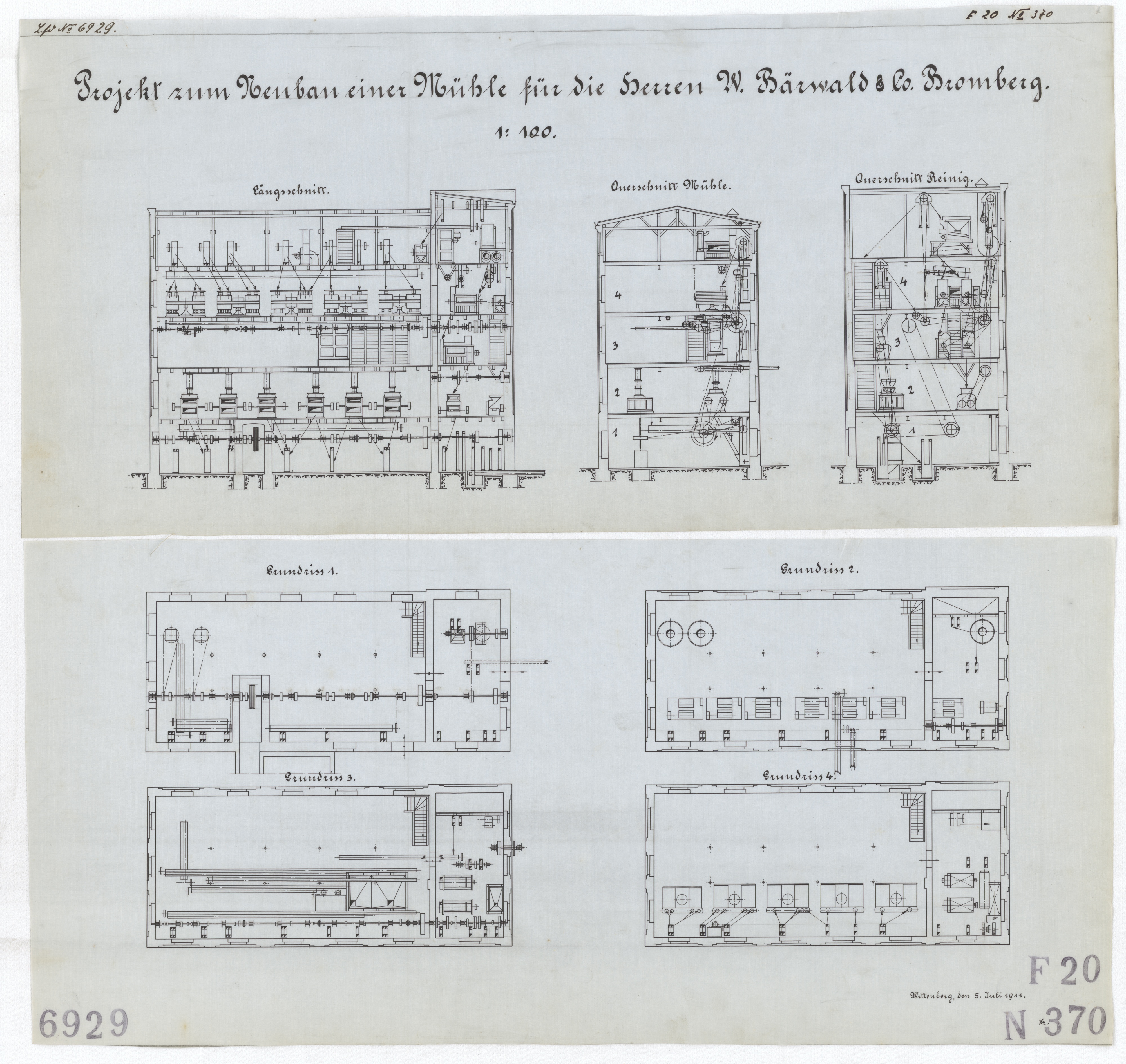 Technische Zeichnung : Projekt zum Neubau einer Mühle für die Herren W. Bärwald & Co.[,] Bromberg (Stiftung Deutsches Technikmuseum Berlin CC BY-SA)