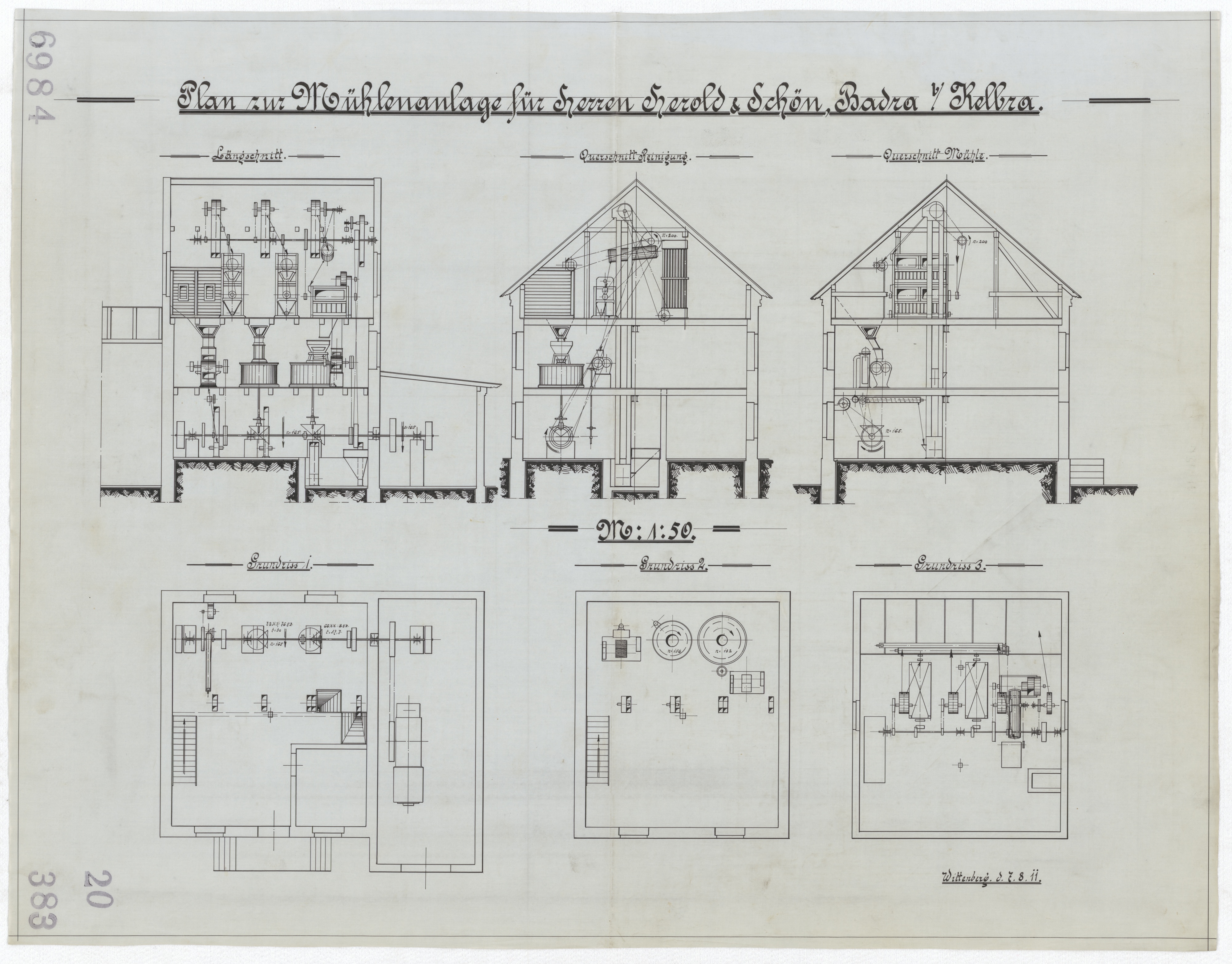 Technische Zeichnung : Plan zur Mühlenanlage für die Herren Herold & Schön, Badra bei Kelbra (Stiftung Deutsches Technikmuseum Berlin CC BY-SA)