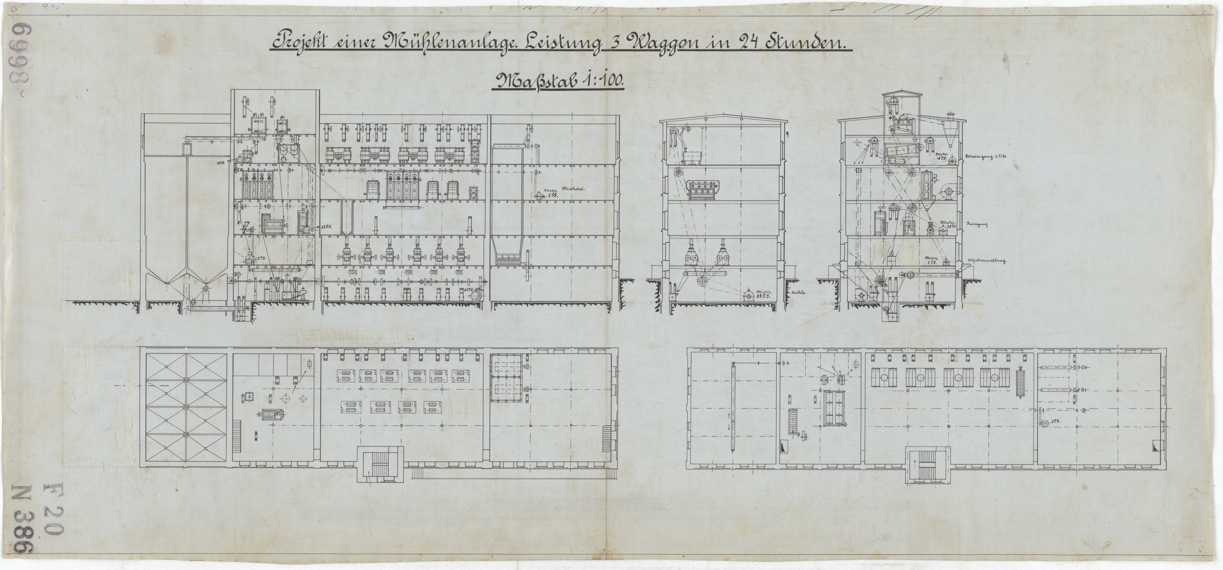 Technische Zeichnung : Projekt einer Mühlenanlage. Leistung 3 Waggons [30 t] in 24 Stunden (Stiftung Deutsches Technikmuseum Berlin CC BY-SA)