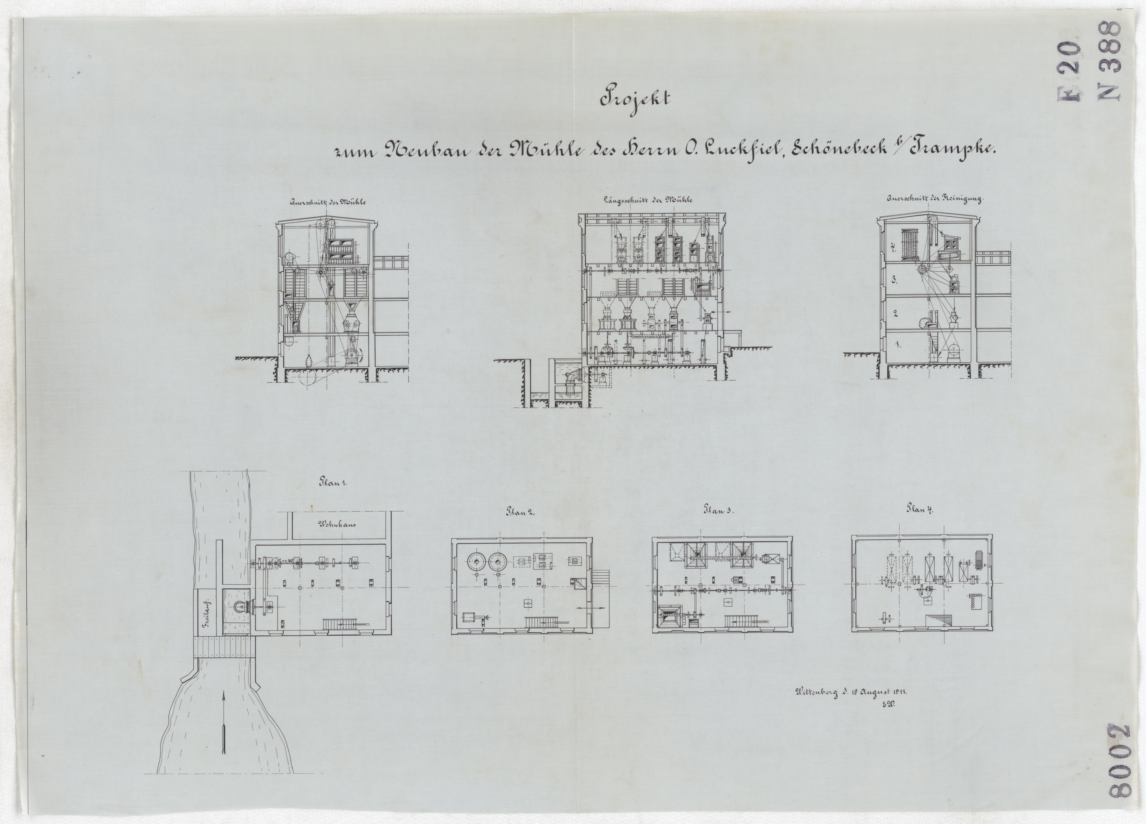 Technische Zeichnung : Projekt zum Neubau der Mühle des Herrn O. Luckfiel, Schönebeck bei Trampke (Stiftung Deutsches Technikmuseum Berlin CC BY-SA)