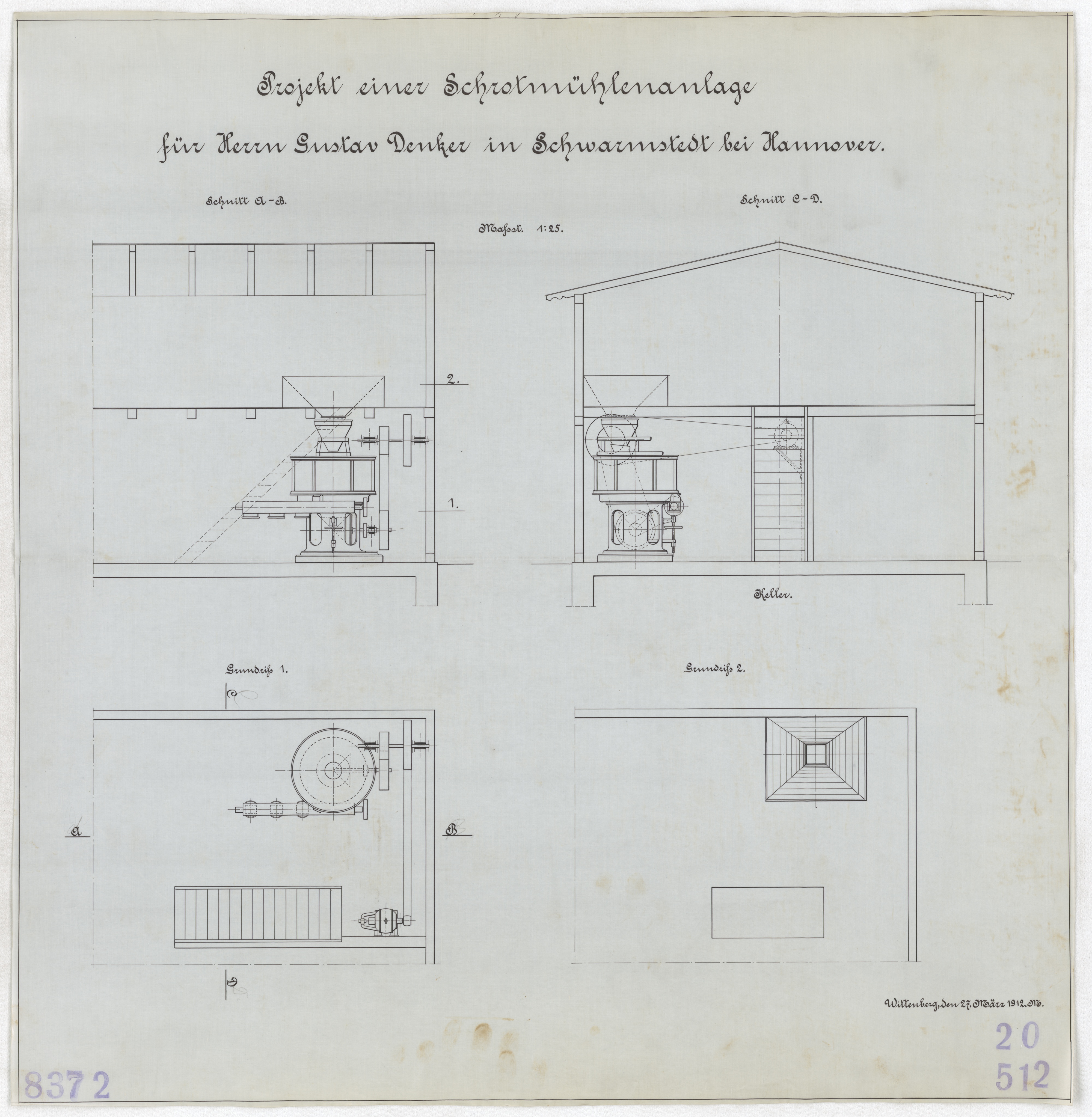 Technische Zeichnung : Projekt einer Schrotmühlenanlage für Herrn Gustav Denker in Schwarmstedt bei Hannover (Stiftung Deutsches Technikmuseum Berlin CC BY-SA)