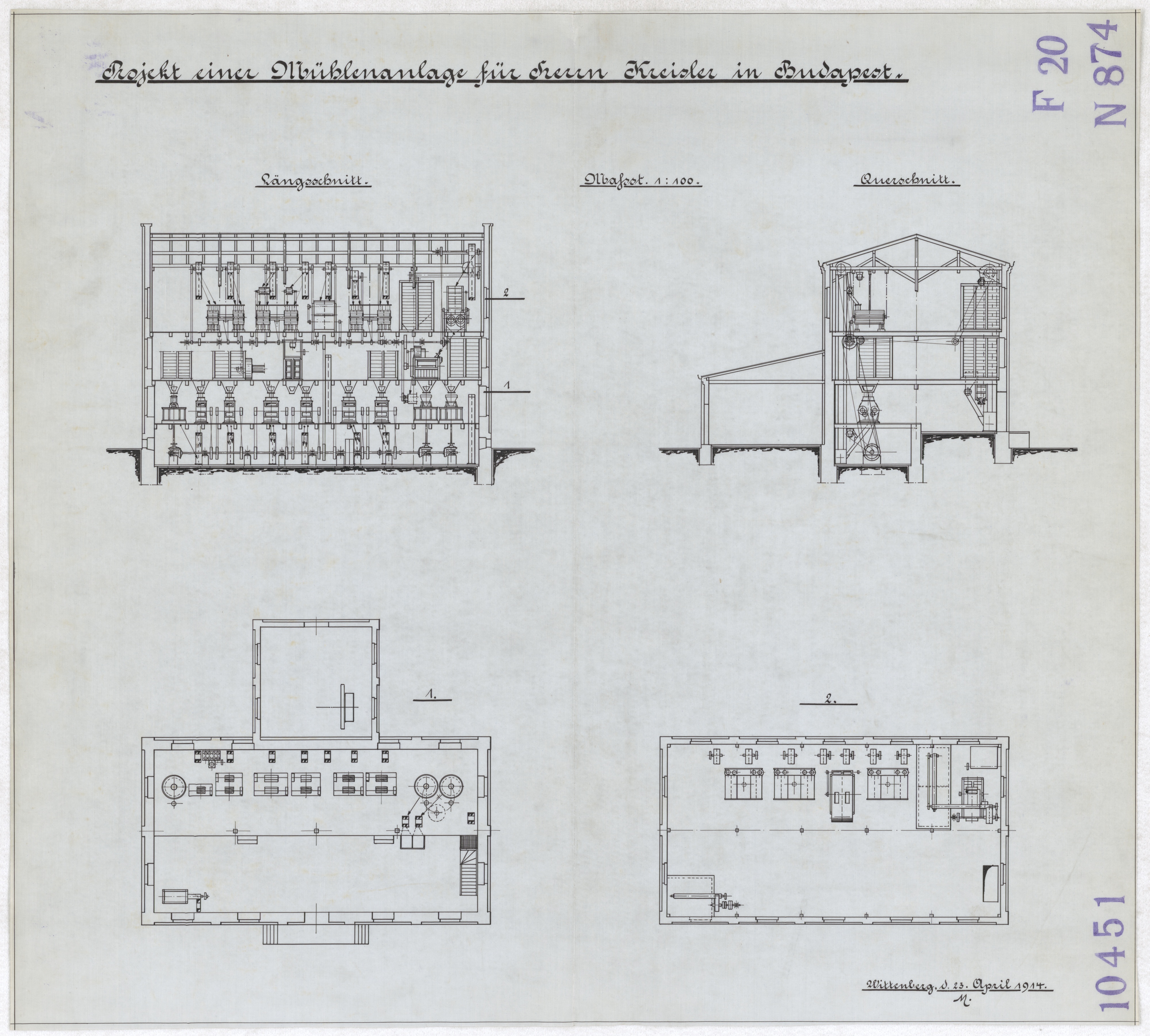 Technische Zeichnung : Projekt einer Mühlenanlage für Herrn Kreisler in Budapest (Stiftung Deutsches Technikmuseum Berlin CC BY-SA)