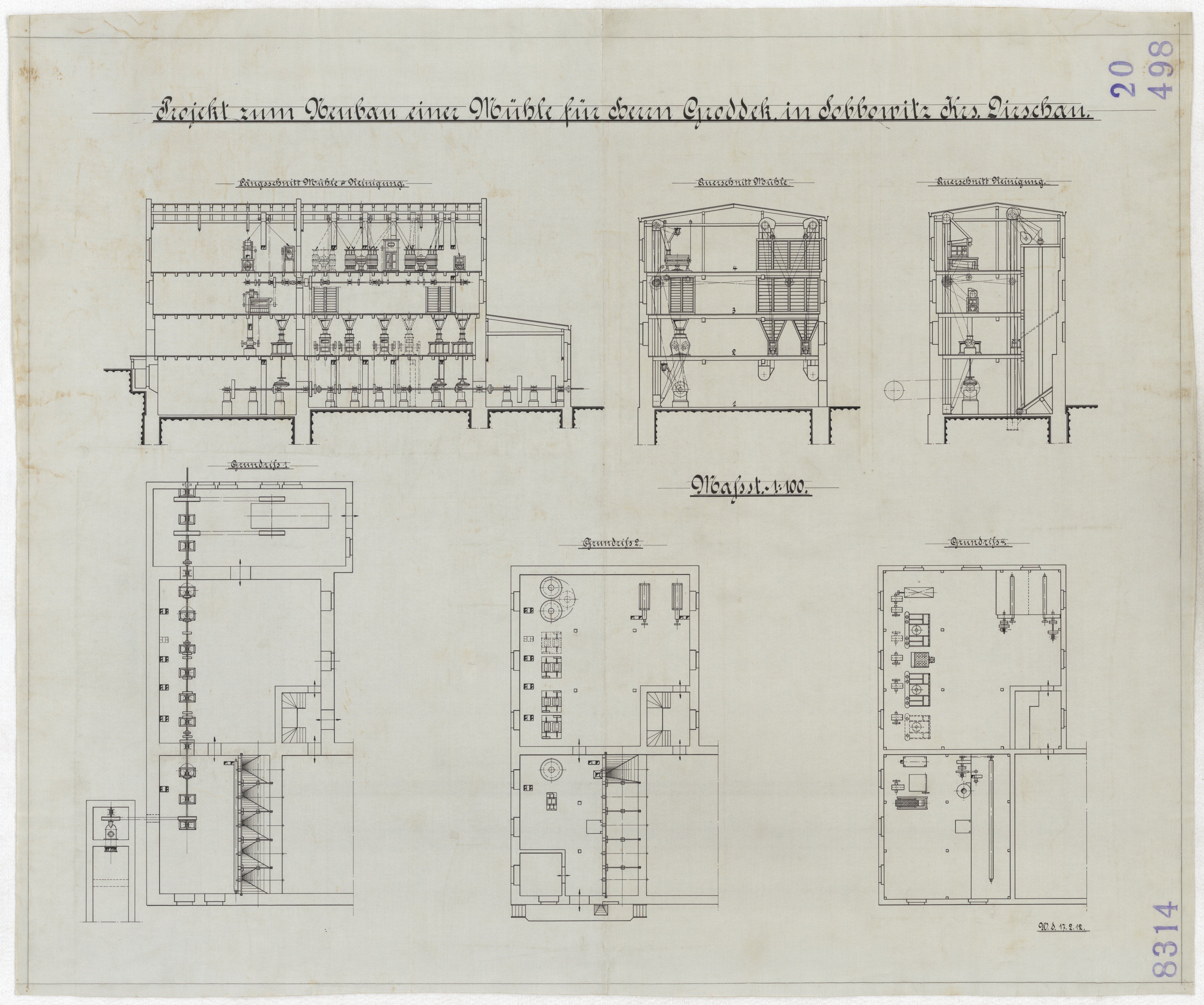 Technische Zeichnung : Projekt zum Neubau einer Mühle für Herrn Groddek in Sobbowitz[,] Kreis Dirschau (Stiftung Deutsches Technikmuseum Berlin CC BY-SA)