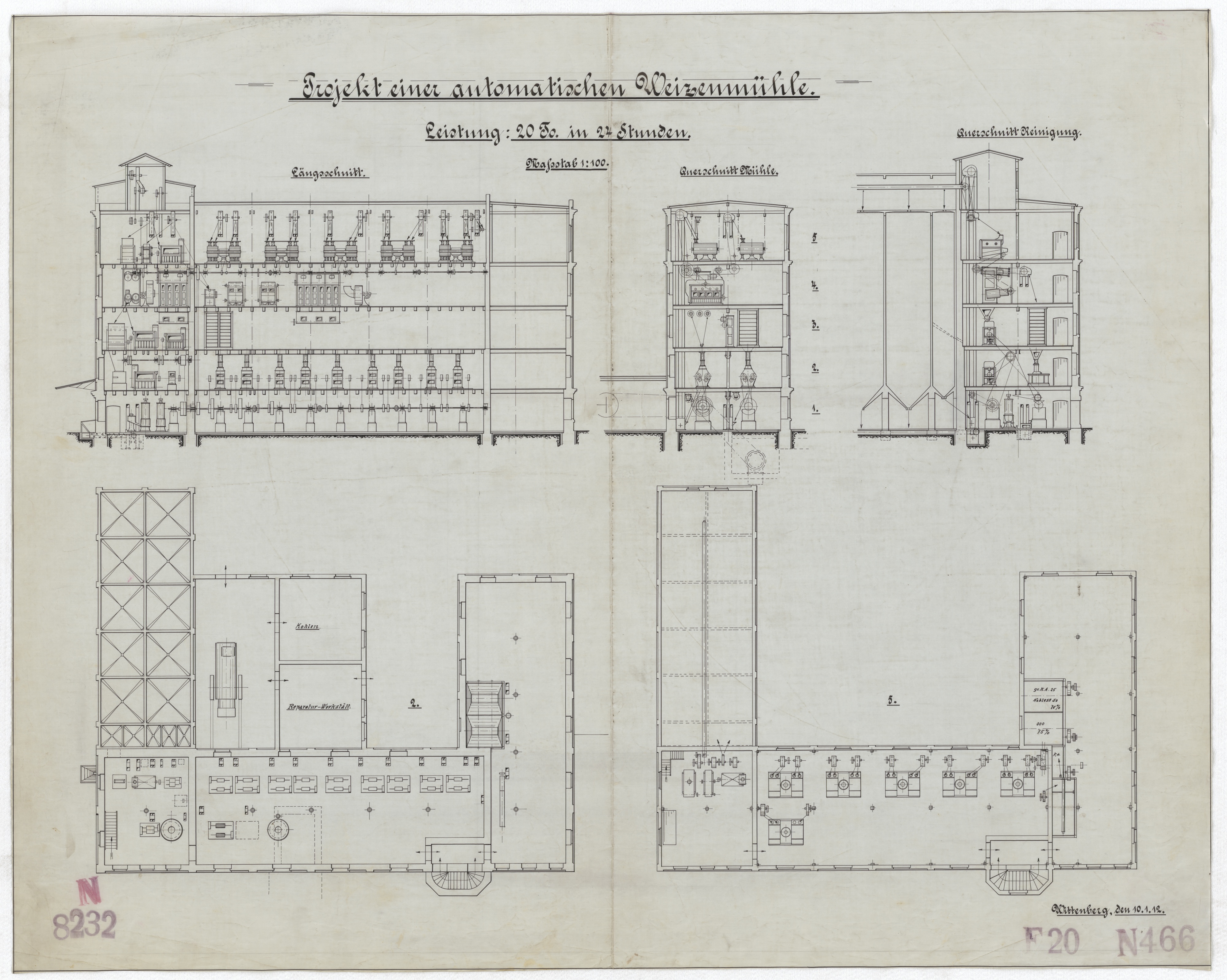 Technische Zeichnung : Projekt einer automatischen Weizenmühle. Leistung: 20 t in 24 Stunden (Stiftung Deutsches Technikmuseum Berlin CC BY-SA)