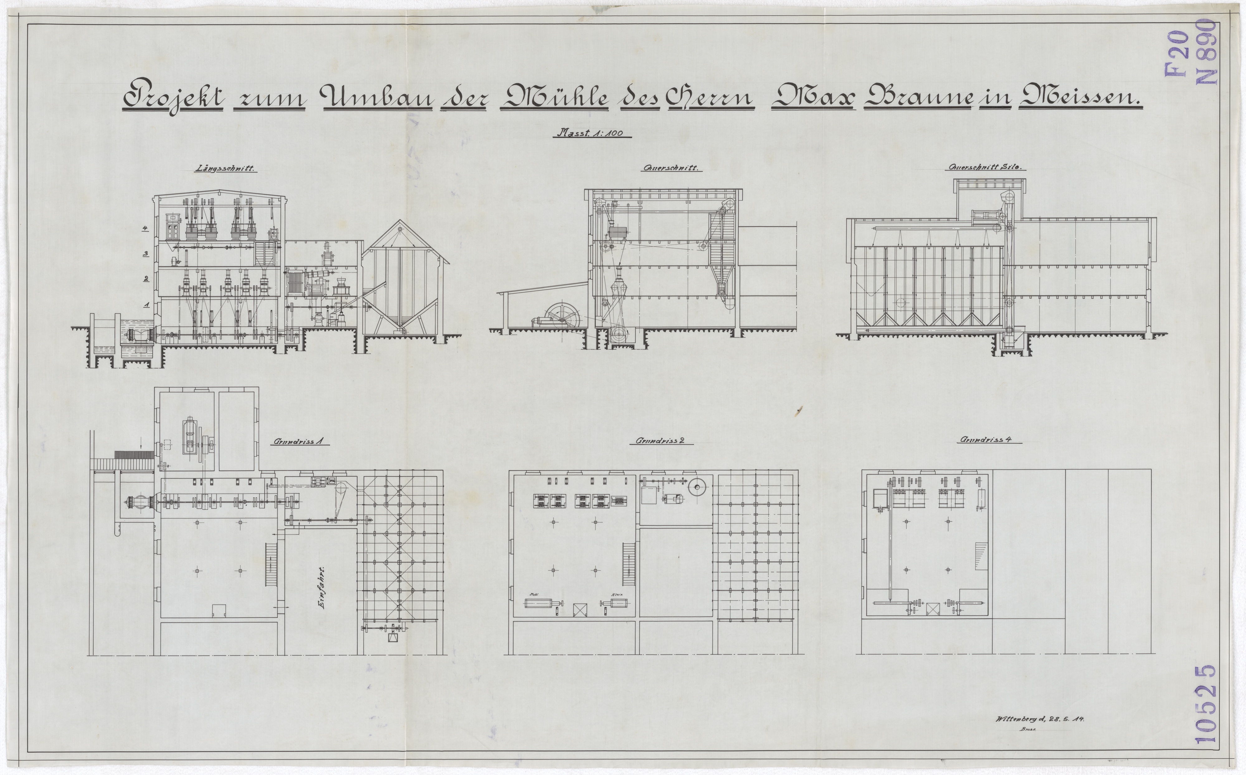 Technische Zeichnung : Projekt zum Umbau der Mühle des Herrn Max Braune in Meißen (Stiftung Deutsches Technikmuseum Berlin CC BY-SA)