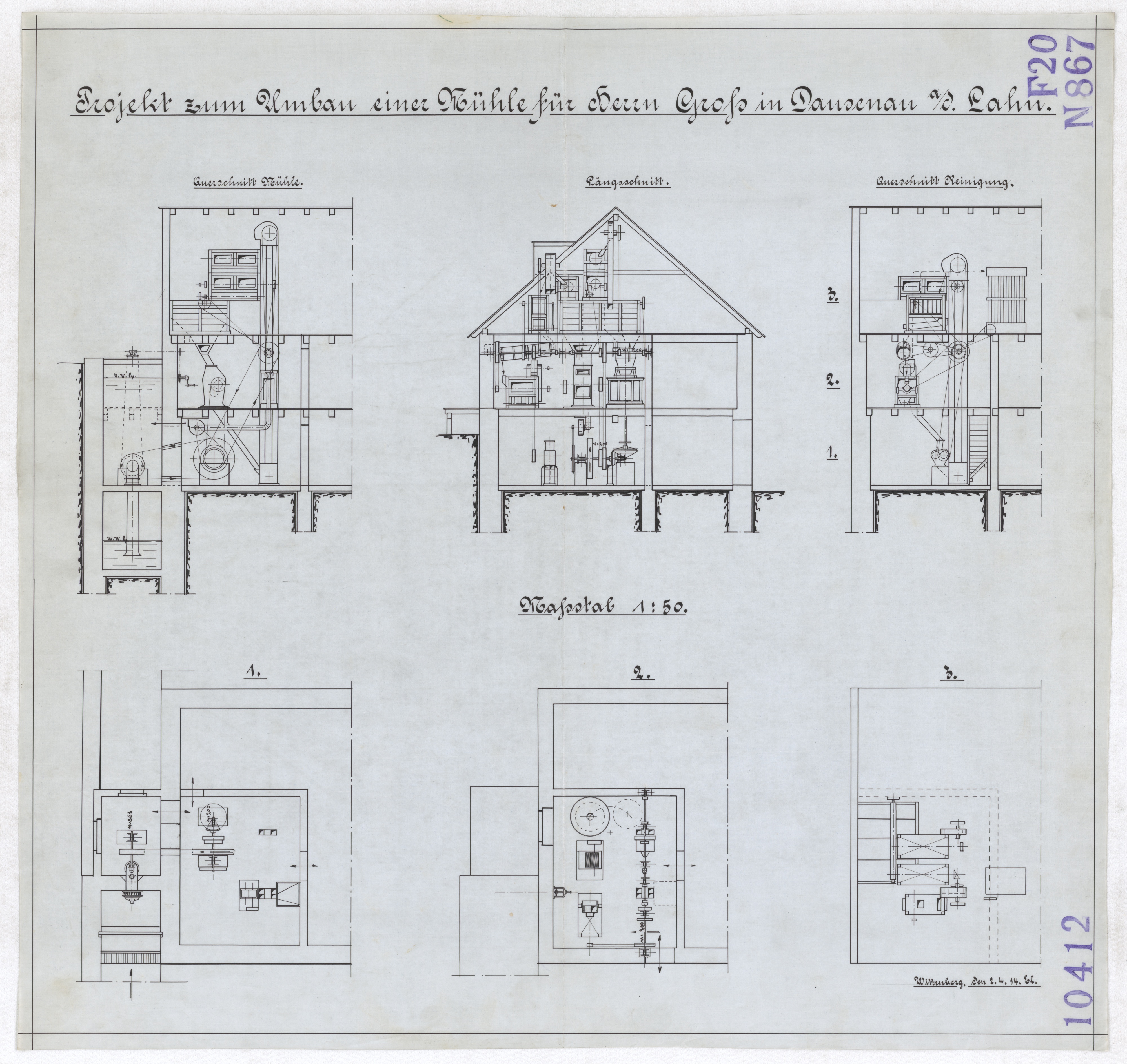 Technische Zeichnung : Projekt zum Umbau einer Mühle für Herrn Groß in Dausenau an der Lahn (Stiftung Deutsches Technikmuseum Berlin CC BY-SA)