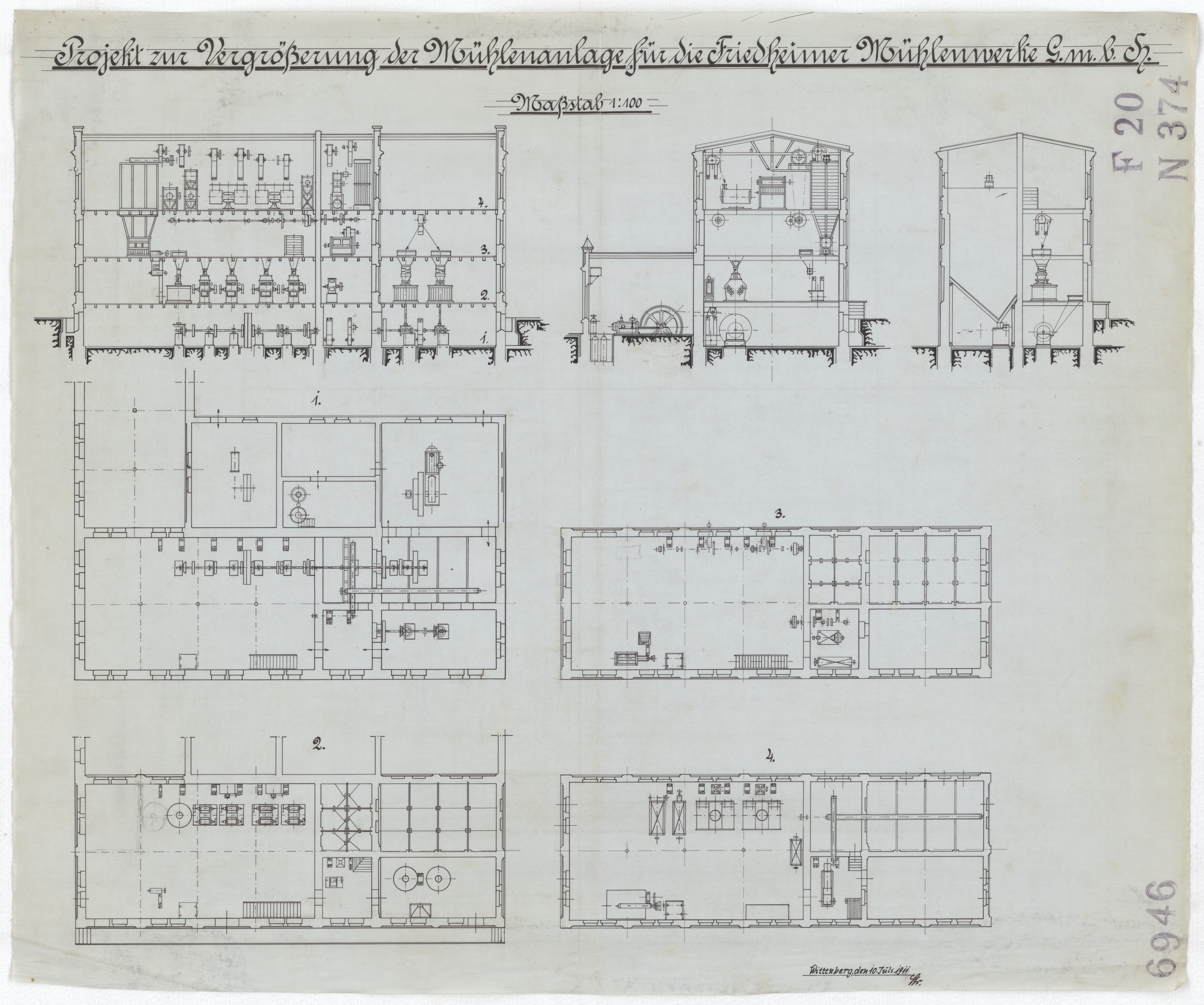Technische Zeichnung : Projekt zur Vergrößerung der Mühlenanlage für die Friedheimer Mühlenwerke GmbH (Stiftung Deutsches Technikmuseum Berlin CC BY-SA)