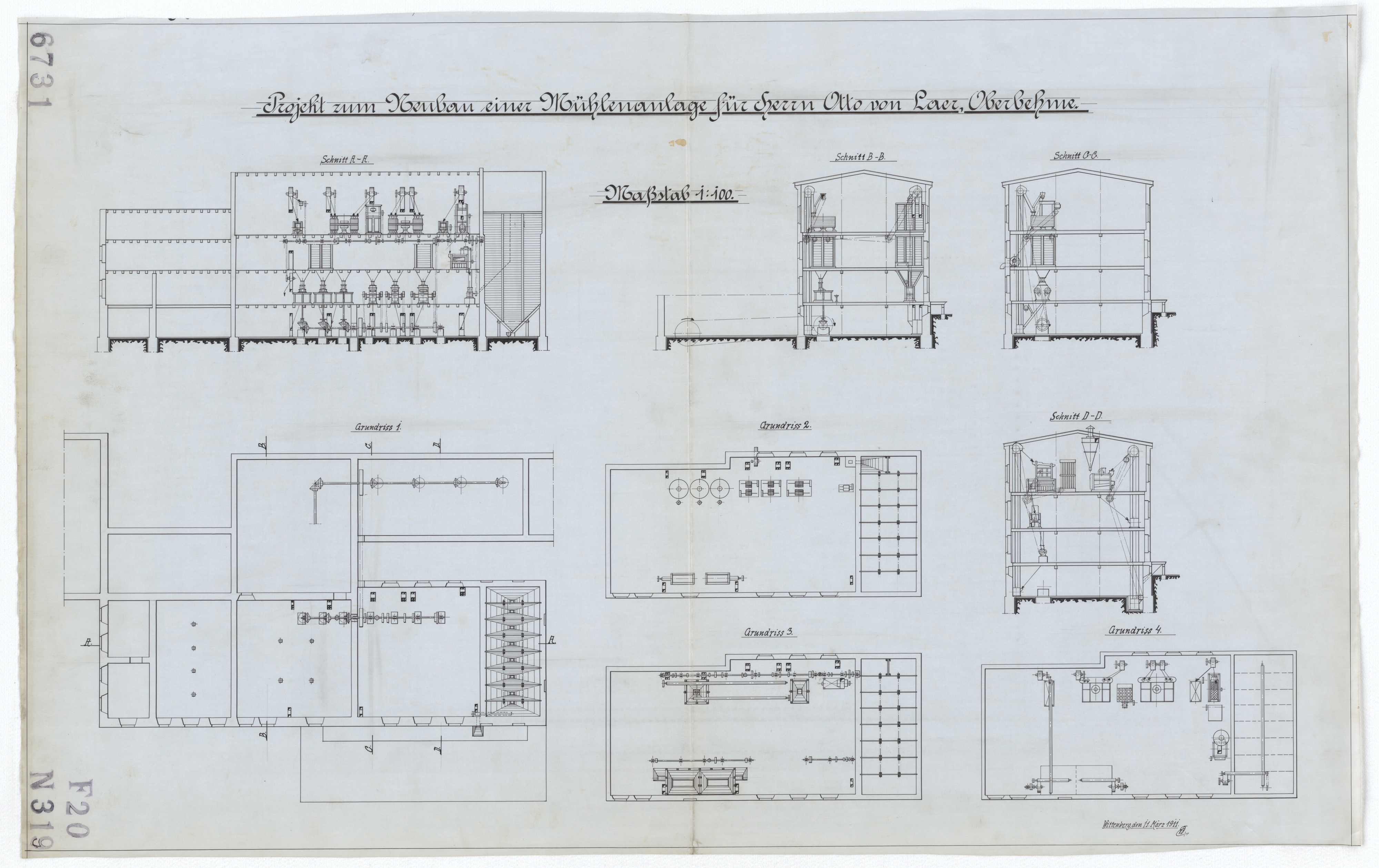 Technische Zeichnung : Projekt zum Neubau einer Mühlenanlage für Herrn Otto von Laer, Oberbehme (Stiftung Deutsches Technikmuseum Berlin CC BY-SA)