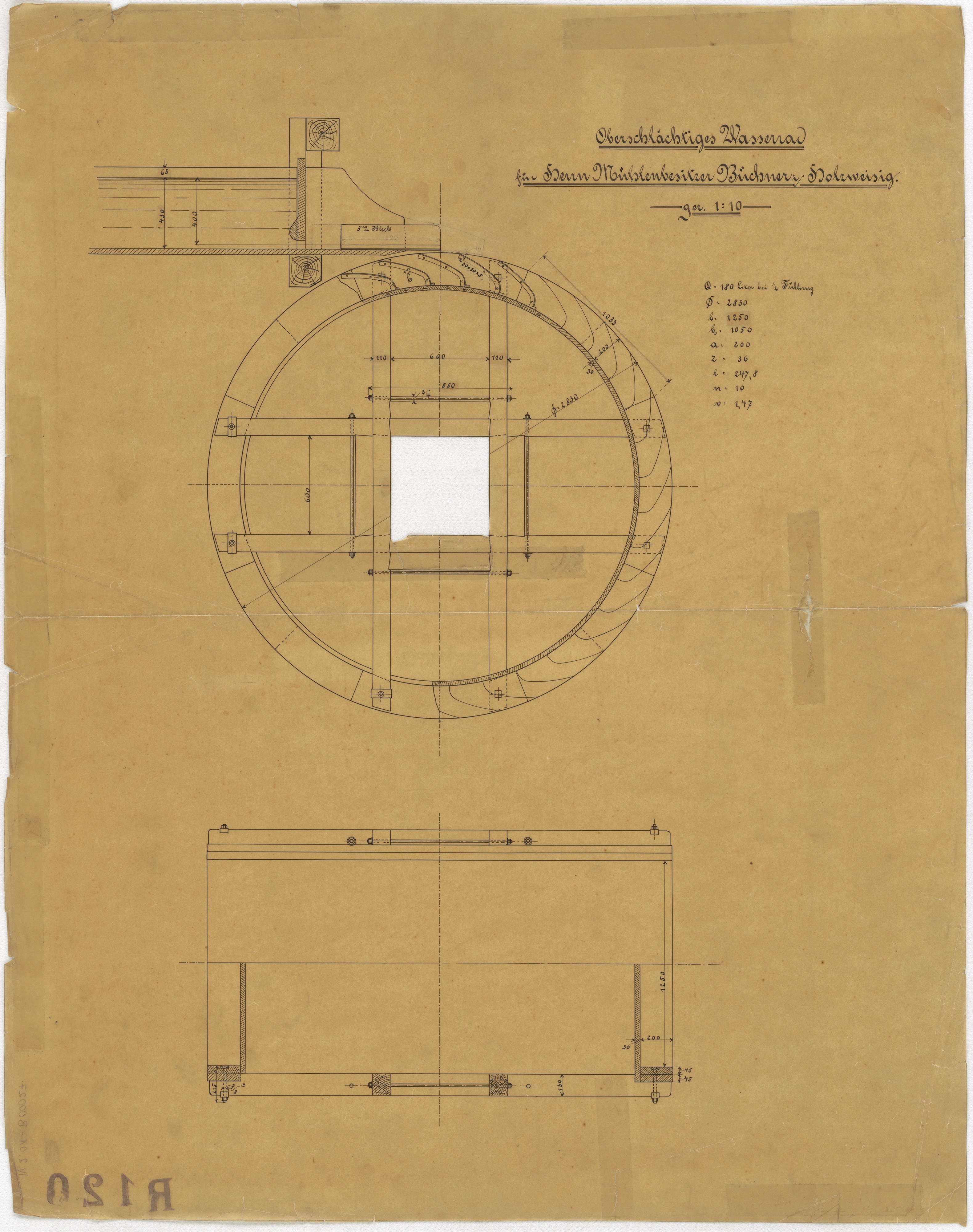 Technische Zeichnung : Oberschlächtiges Wasserrad für Herrn Mühlenbesitzer Büchner in Holzweißig (Stiftung Deutsches Technikmuseum Berlin CC BY-SA)