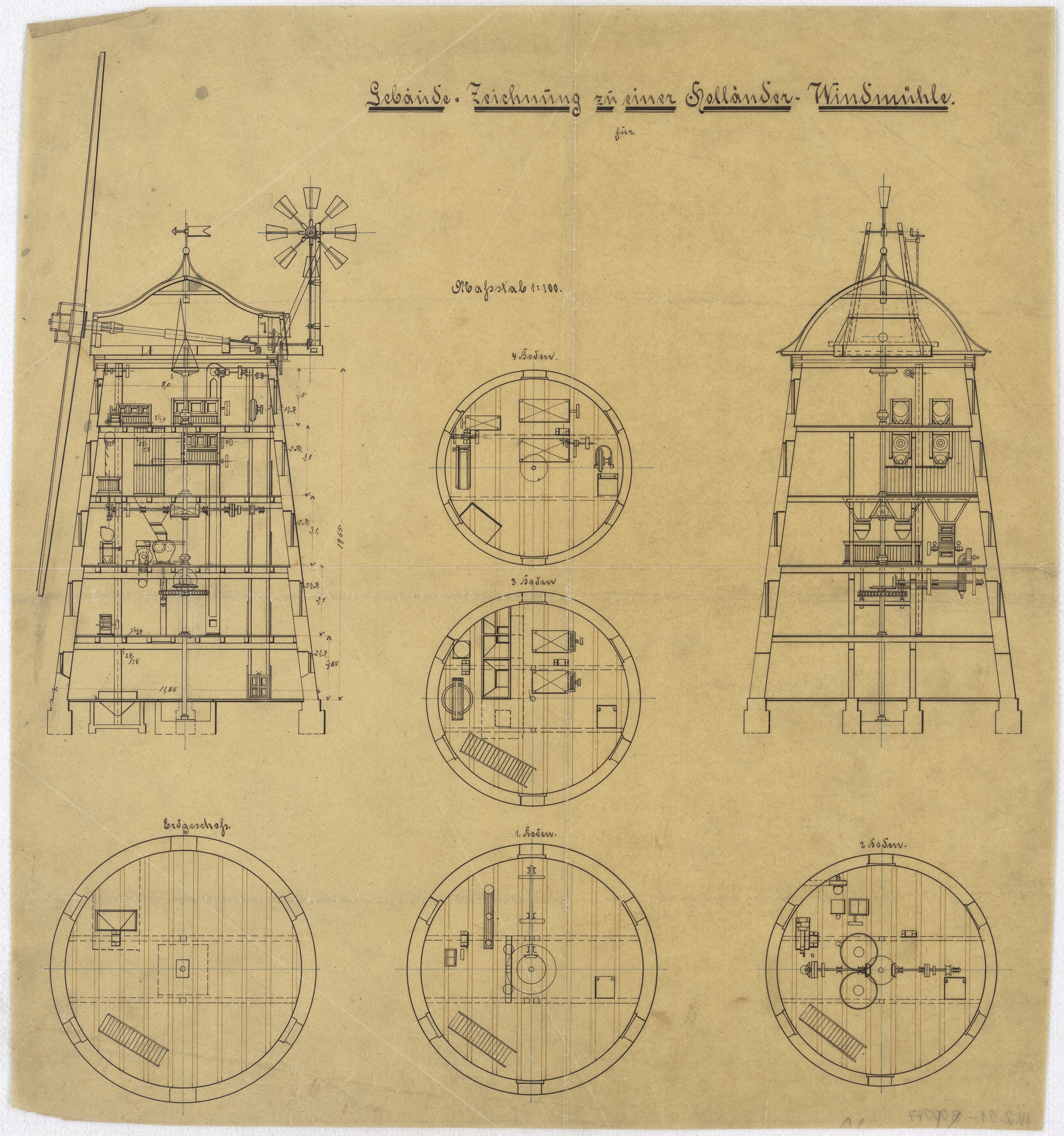 Technische Zeichnung : Gebäude-Zeichnung zu einer Holländer-Windmühle (Stiftung Deutsches Technikmuseum Berlin CC BY-SA)